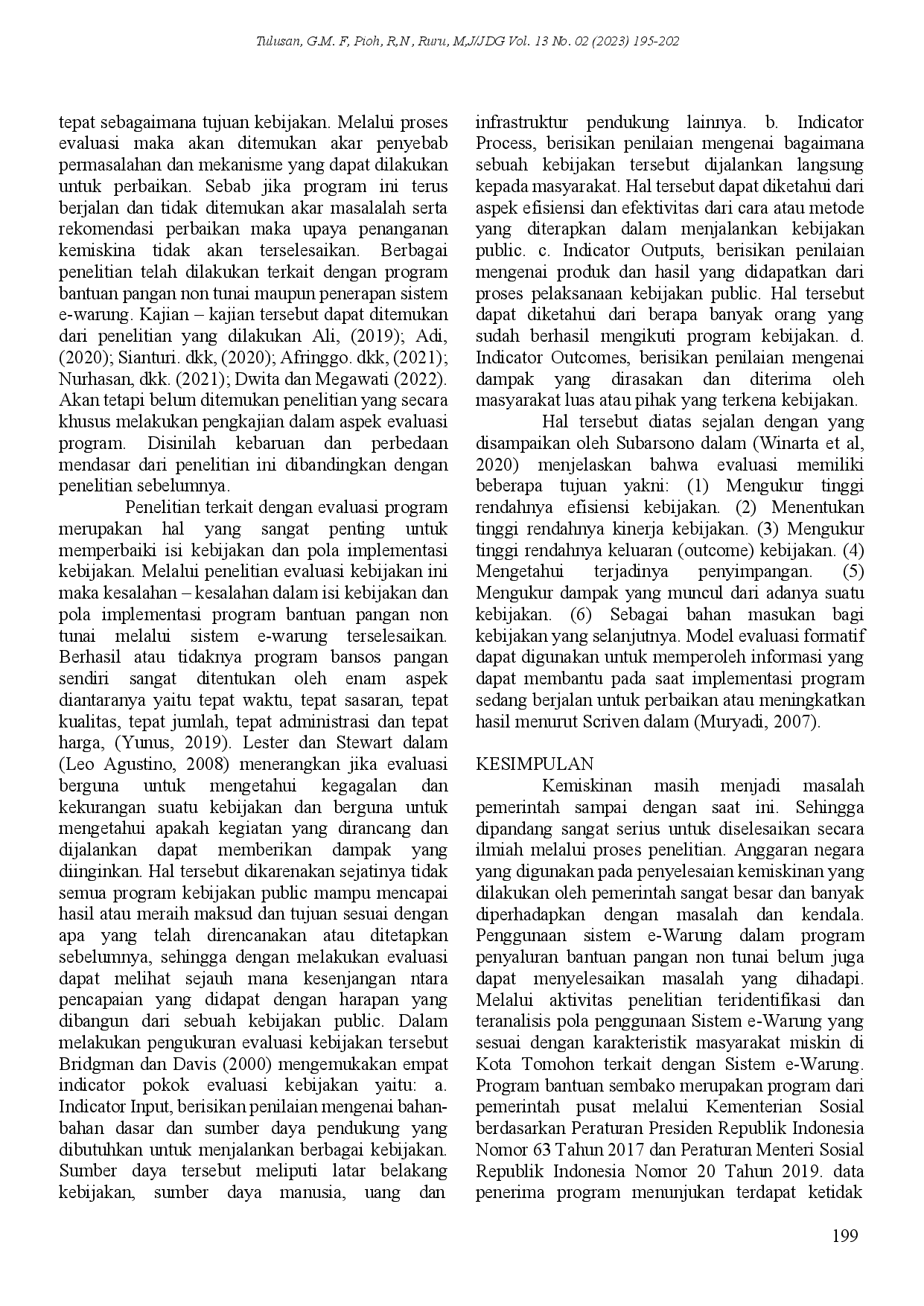 juris Evaluasi Program Penyaluran Bantuan Pangan Non Tunai Melalui Sistem E Warung di Kota Tomohon