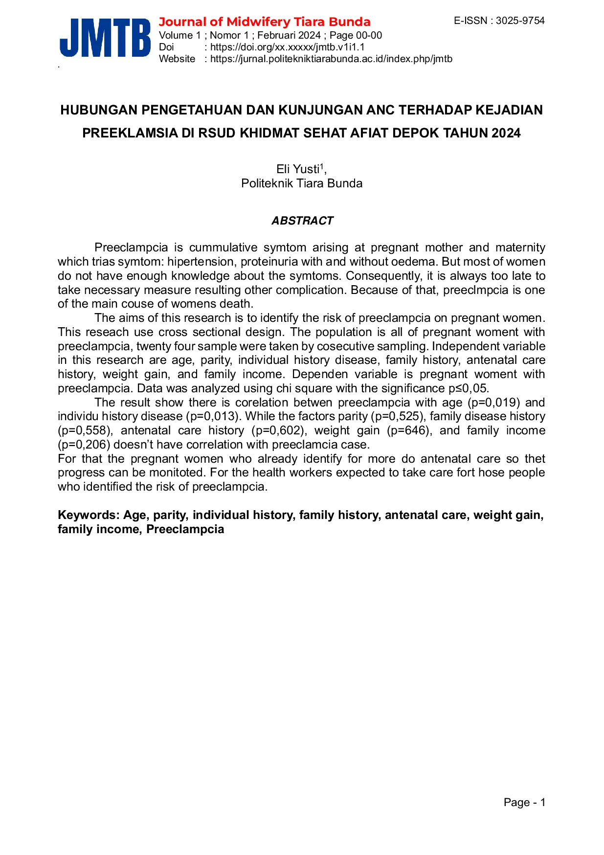 JURIS Hubungan Pengetahuan Dan Kunjungan Anc Terhadap Kejadian Preeklamsia Di Rsud Khidmat Sehat Afiat Depok Tahun 2024