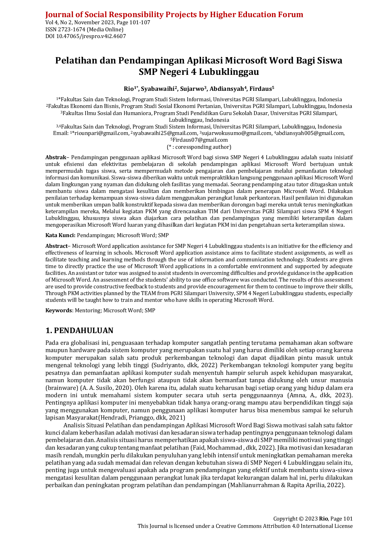 JURIS Pelatihan dan Pendampingan Aplikasi Microsoft Word Bagi Siswa SMP Negeri 4 Lubuklinggau