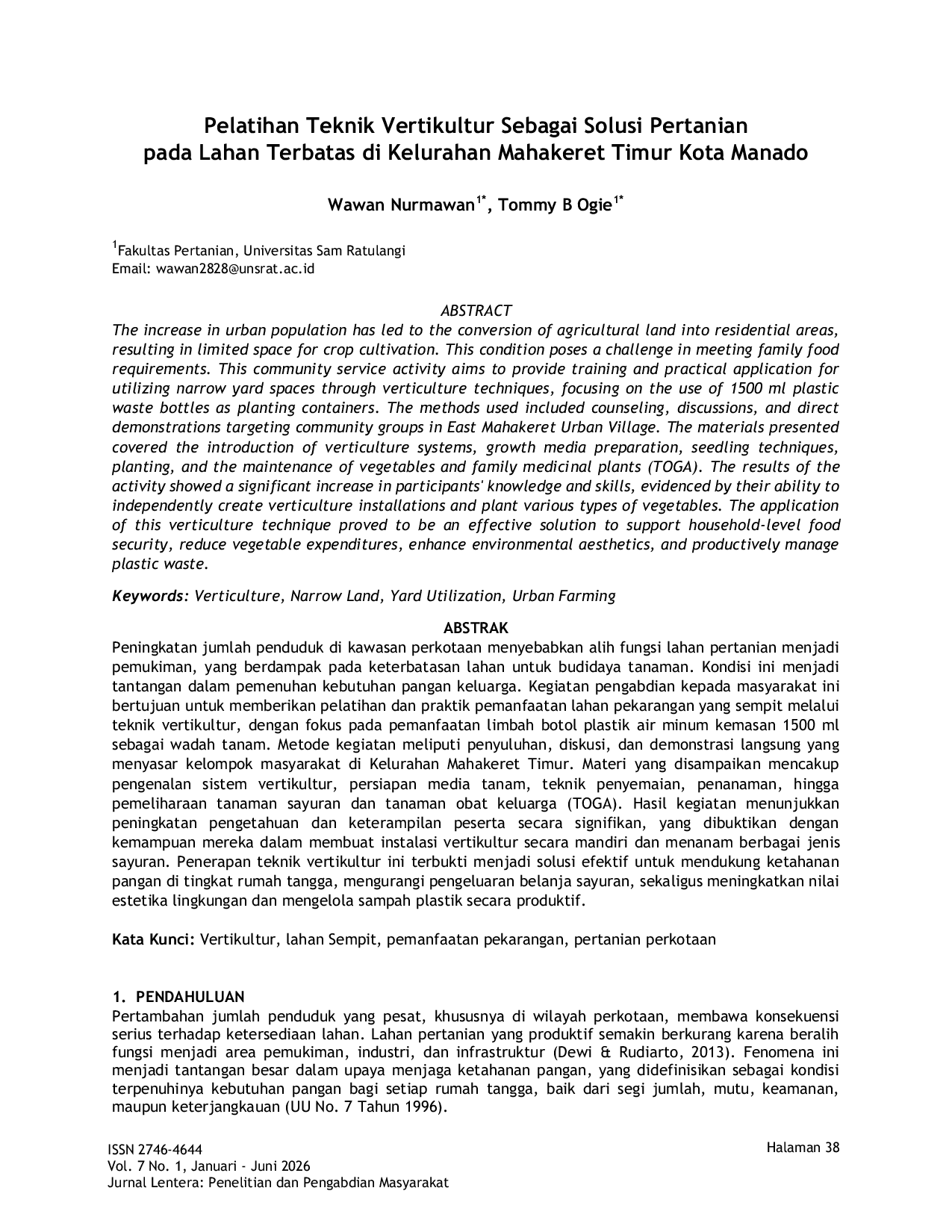 JURIS Pelatihan Teknik Vertikultur Sebagai Solusi Pertanianpada Lahan Terbatas di Kelurahan Mahakeret Timur Kota Manado