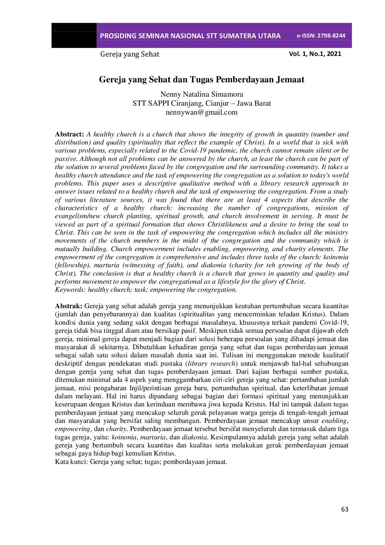 JURIS Gereja yang Sehat dan Tugas Pemberdayaan Jemaat