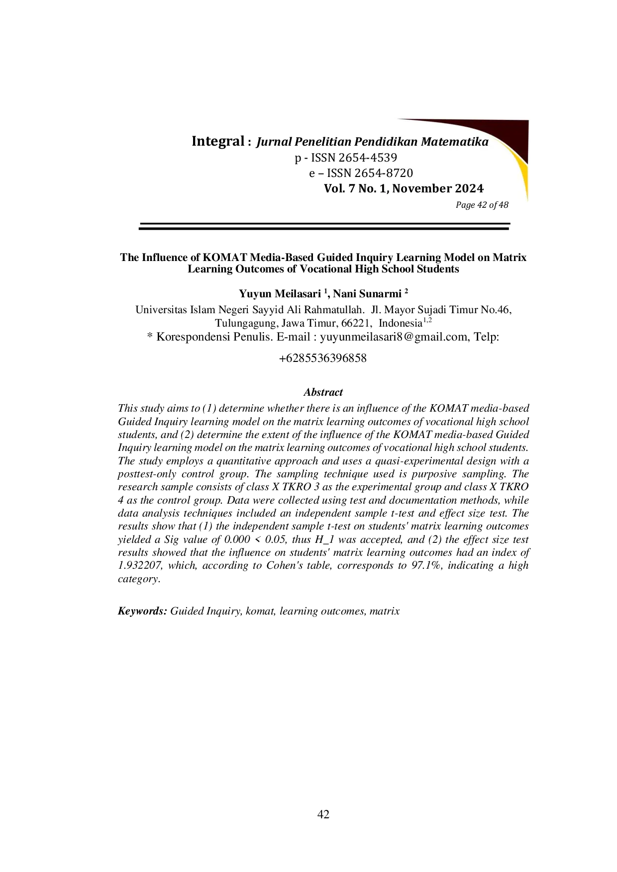 JURIS Pengaruh Model Pembelajaran Guided Inquiry Berbasis Media Komat Terhadap Hasil Belajar Materi Matriks Siswa Sekolah Menengah Kejuruan