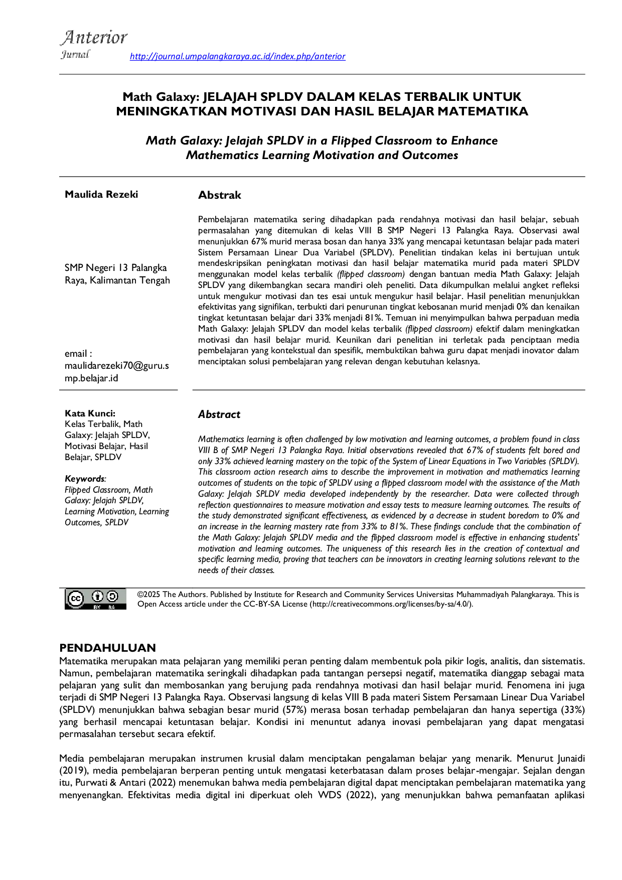 JURIS Math Galaxy Jelajah SPLDV dalam Kelas Terbalik untuk Meningkatkan Motivasi dan Hasil Belajar Matematika