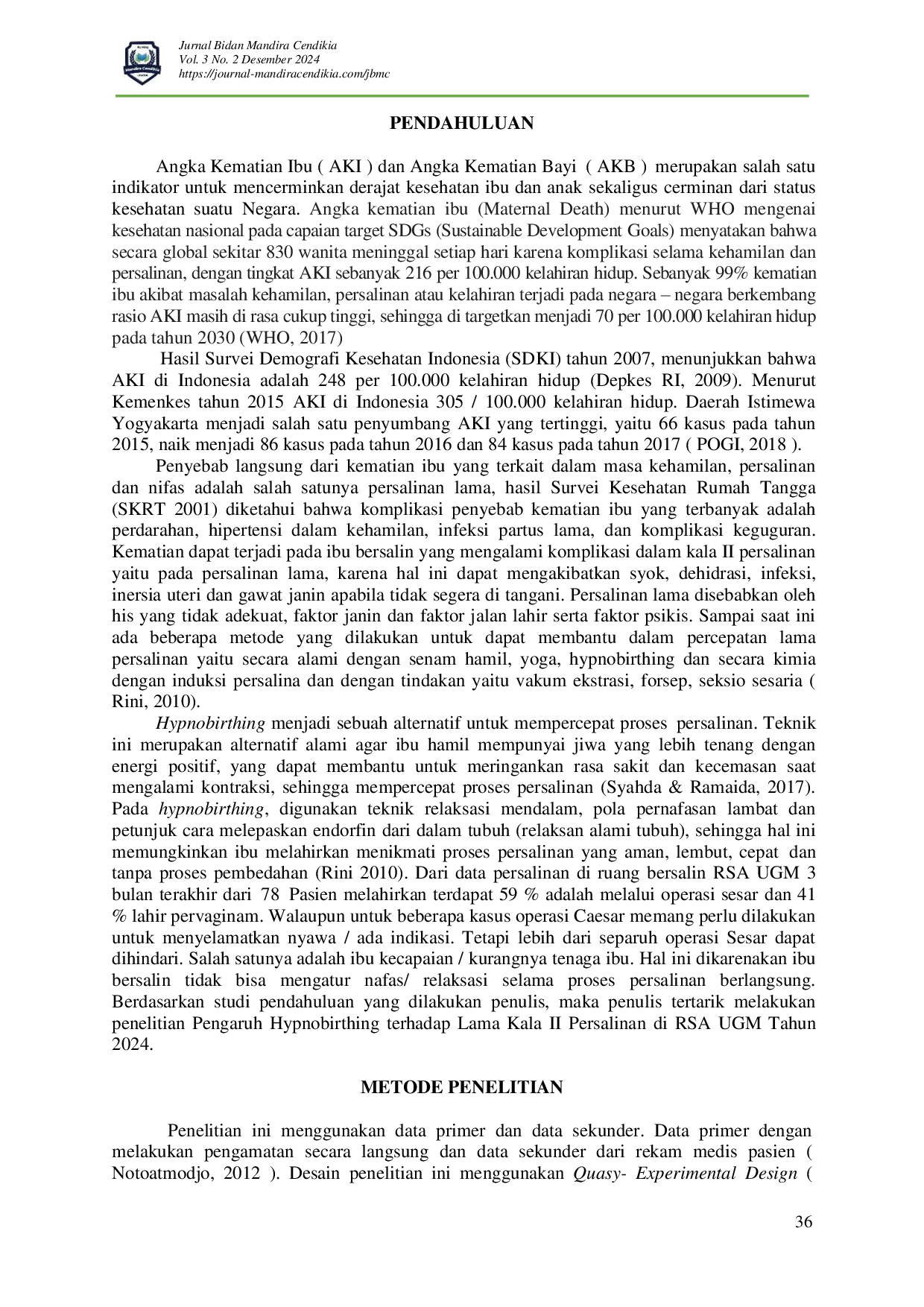 JURIS Pengaruh Hypnobirthing Terhadap Lamanya Persalianan Kala 2 Pada Ibu Bersalin Di RSA UGM Tahun 2024
