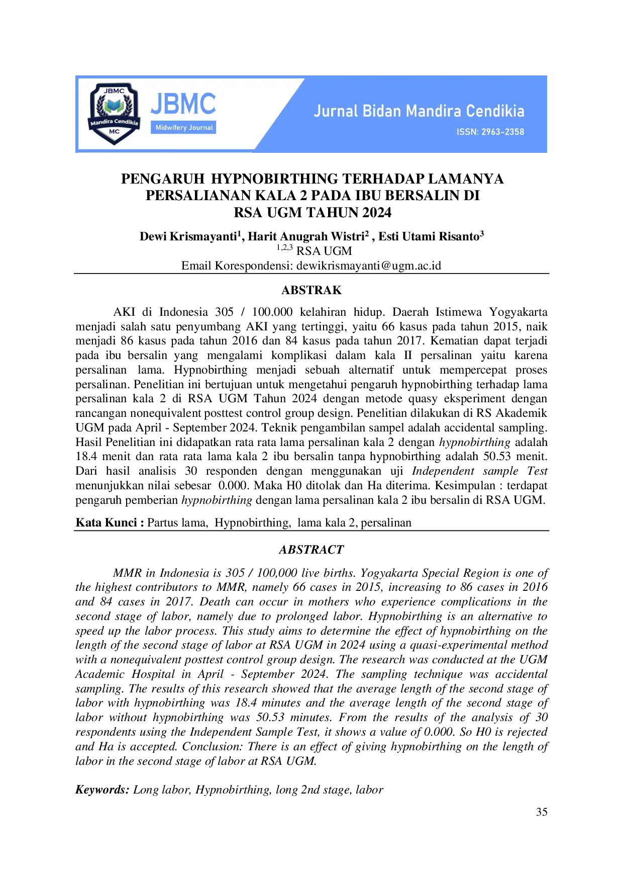 JURIS Pengaruh Hypnobirthing Terhadap Lamanya Persalianan Kala 2 Pada Ibu Bersalin Di RSA UGM Tahun 2024
