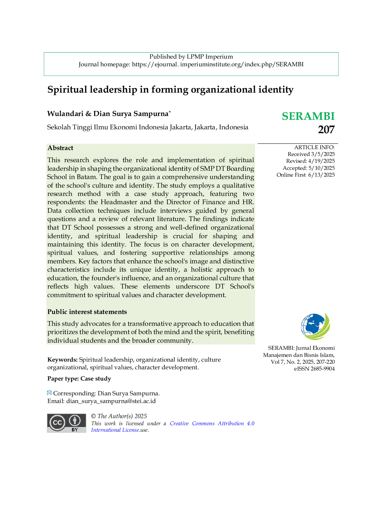 JURIS Spiritual leadership in forming organizational identity