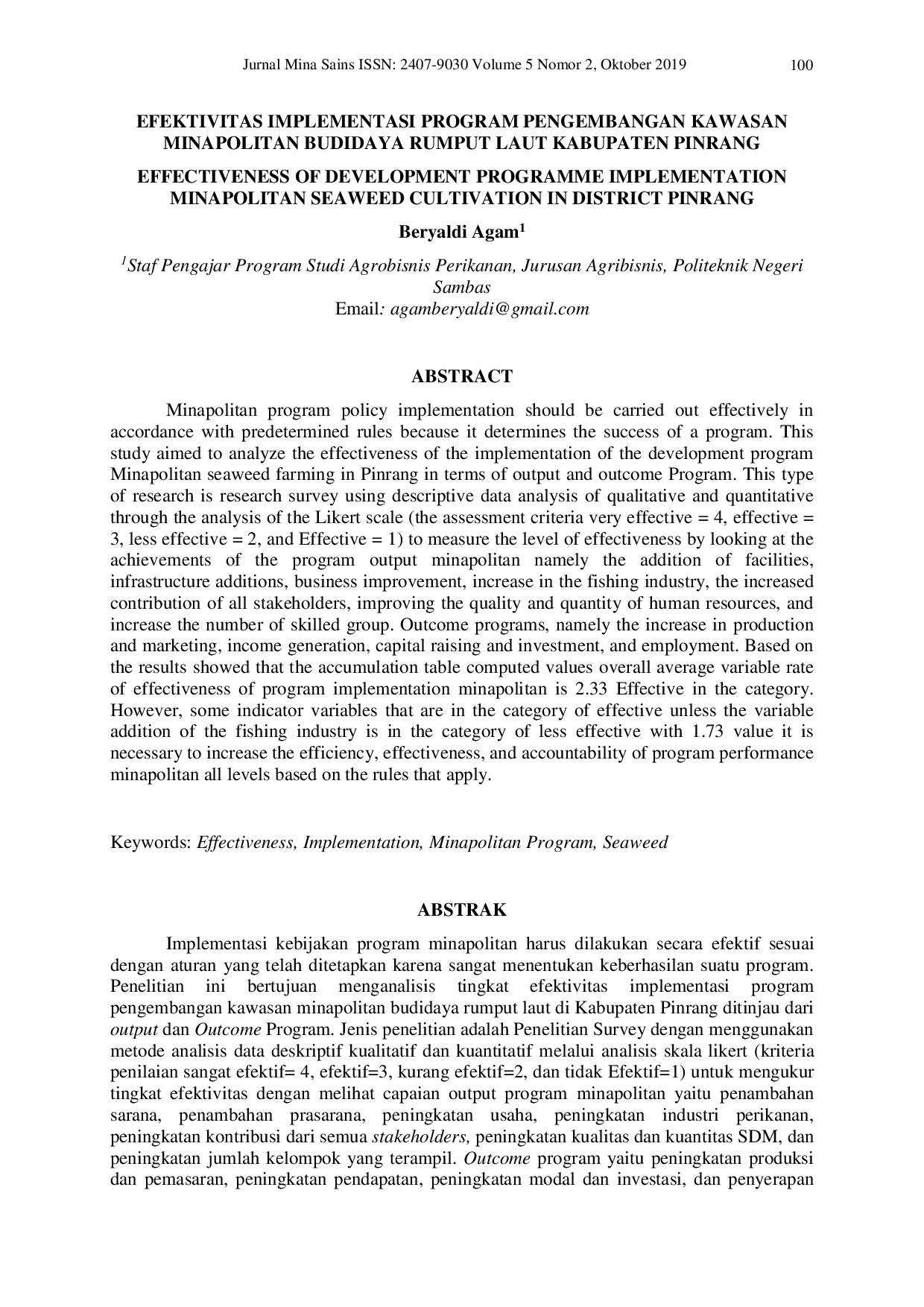 JURIS Efektivitas Implementasi Program Pengembangan Kawasan Minapolitan Budidaya Rumput Laut Kabupaten Pinrang