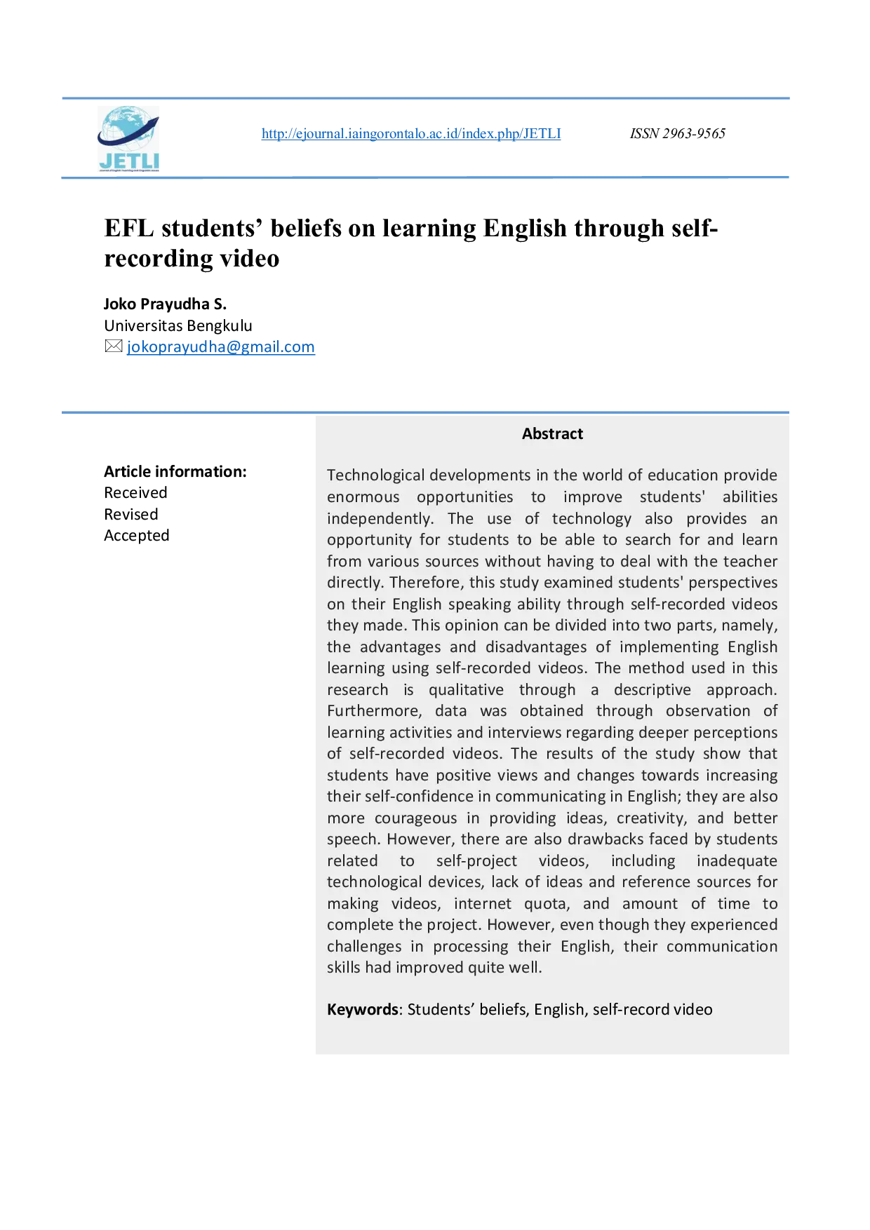 JURIS English Students Belief on Learning English Through Self Recording Video