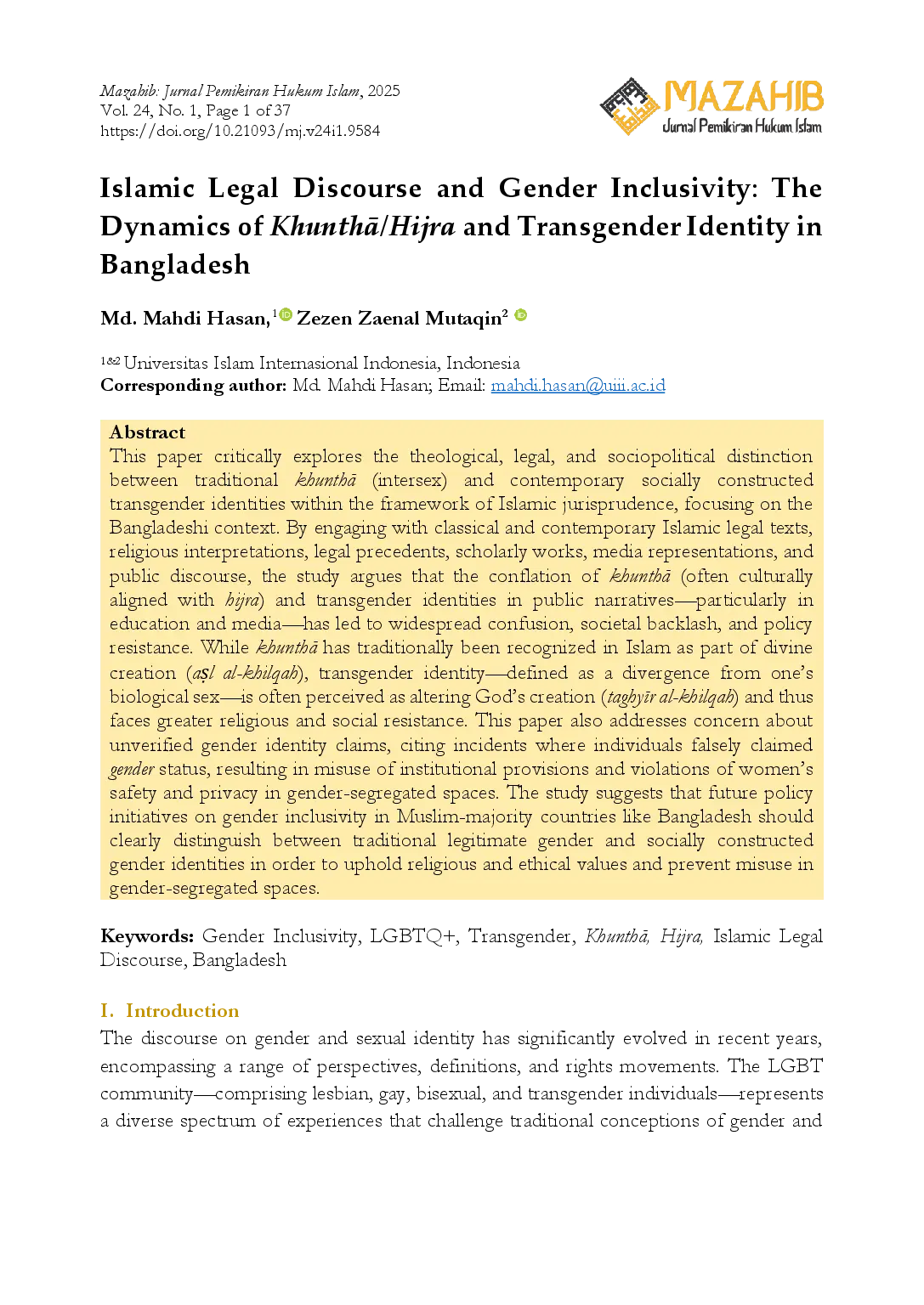 juris Islamic Legal Discourse and Gender Inclusivity The Dynamics of KhunthA Hijra and Transgender Identity in Bangladesh