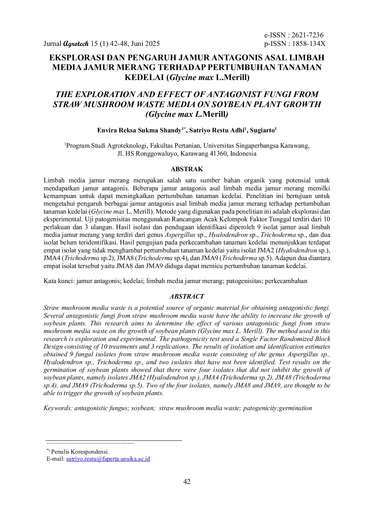 JURIS Eksplorasi Dan Pengaruh Jamur Antagonis Asal Limbah Media Jamur Merang Terhadap Pertumbuhan Tanaman Kedelai Glycine Max L Merill