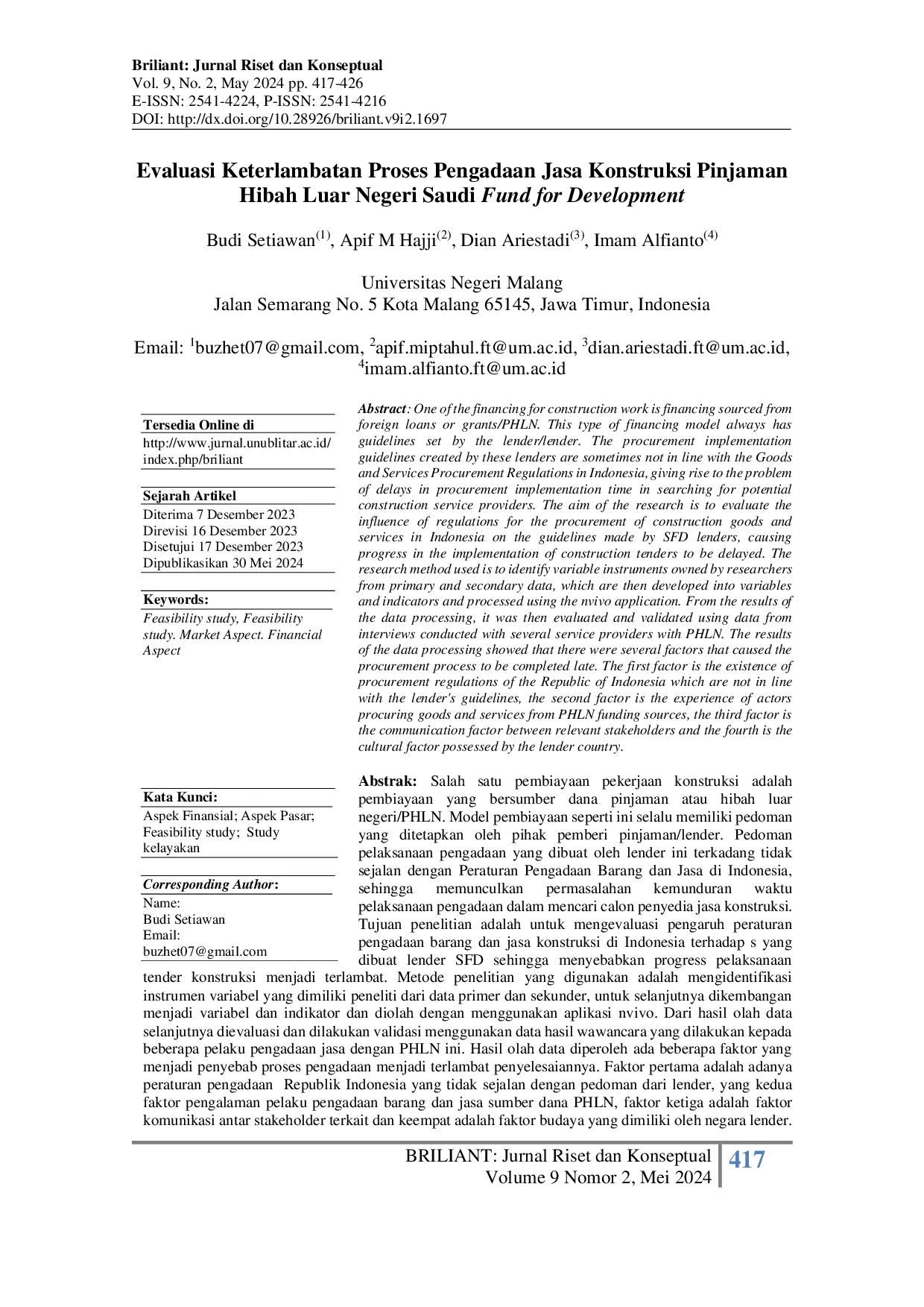 JURIS Evaluasi Keterlambatan Proses Pengadaan Jasa Konstruksi Pinjaman Hibah Luar Negeri Saudi Fund for Development