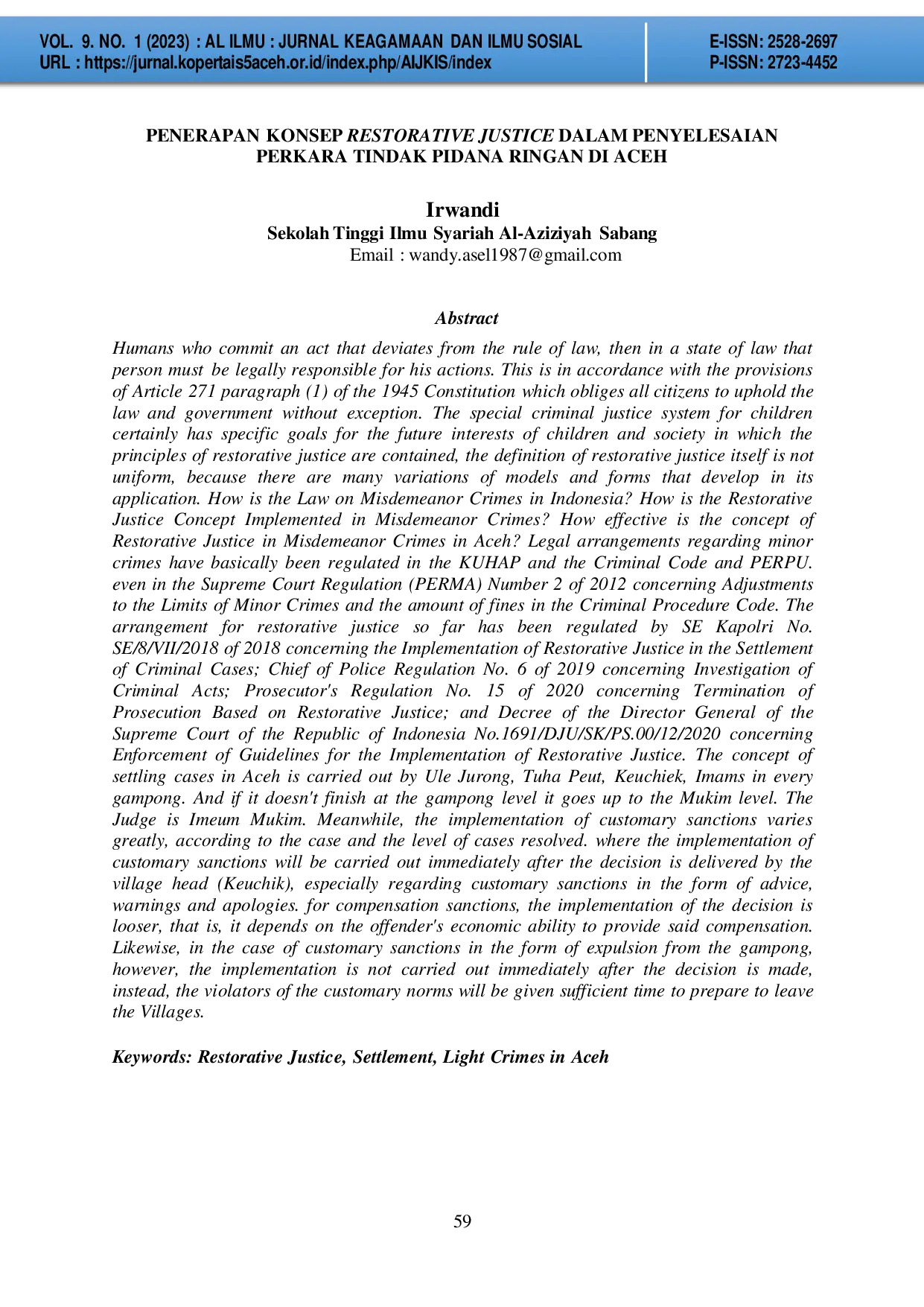 JURIS Penerapan Konsep Restorative Justice dalam Penyelesaian Perkara Tindak Pidana Ringan di Aceh