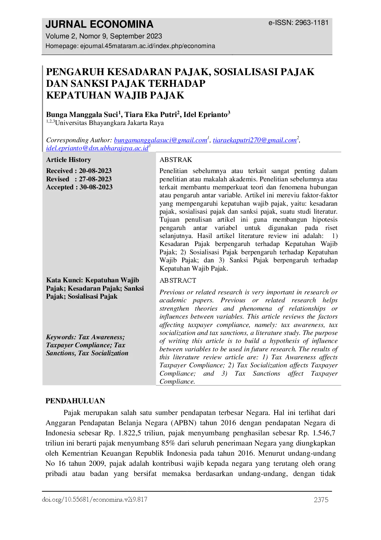 JURIS Pengaruh Kesadaran Pajak Sosialisasi Pajak dan Sanksi Pajak terhadap Kepatuhan Wajib Pajak