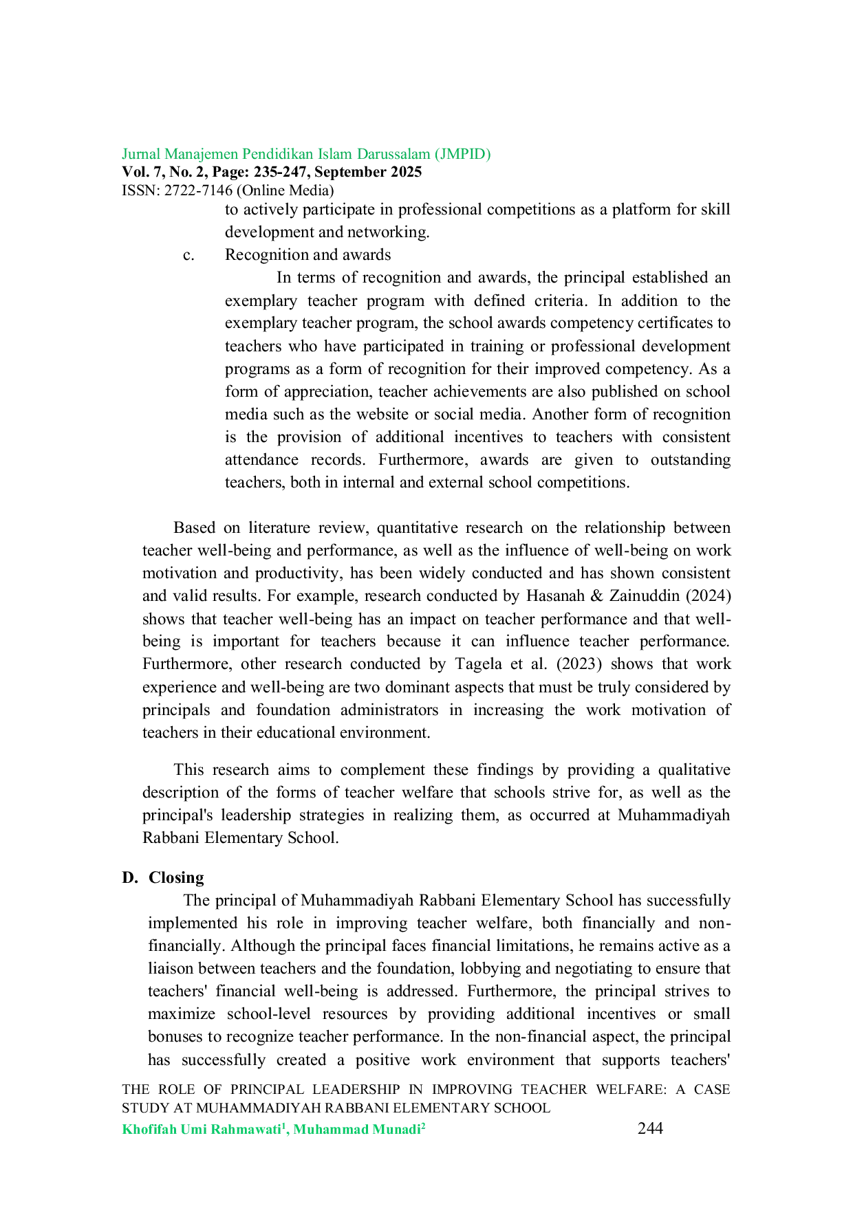 JURIS The Role Of Principal Leadership In Improving Teacher Welfare A Case Study At Muhammadiyah Rabbani Elementary School