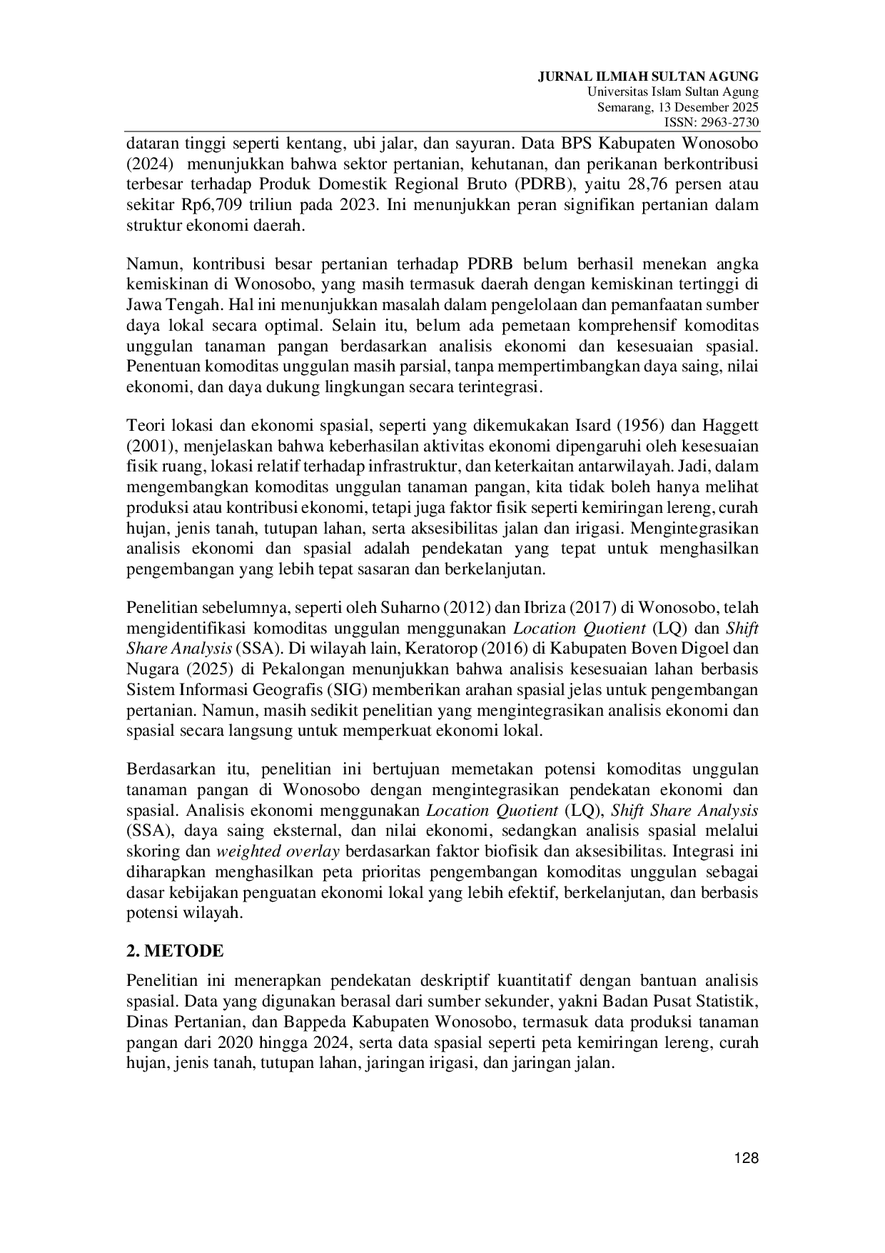 JURIS Pemetaan Potensi Komoditas Unggulan Tanaman Pangan Berbasis Ekonomi Spasial Untuk Penguatan Ekonomi Lokal Di Kabupaten Wonosobo