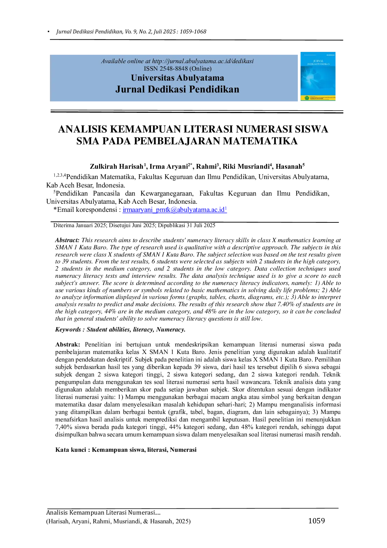 JURIS Analisis Kemampuan Literasi Numerasi Siswa SMA Pada Pembelajaran Matematika