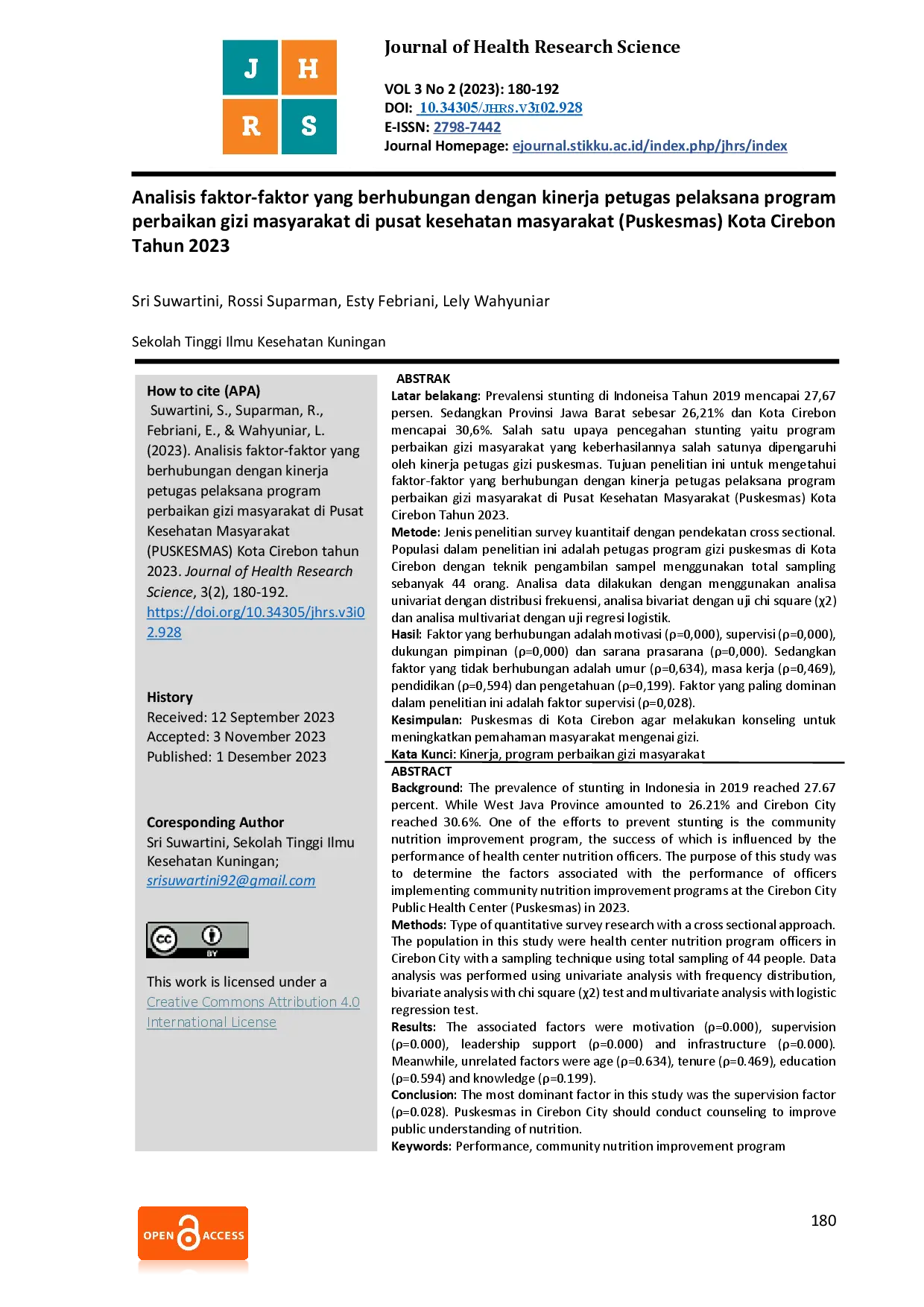 juris Analisis Faktor Faktor yang Berhubungan dengan Kinerja Petugas Pelaksana Program Perbaikan Gizi Masyarakat di Pusat Kesehatan Masyarakat Puskesmas Kota Cirebon Tahun 2023