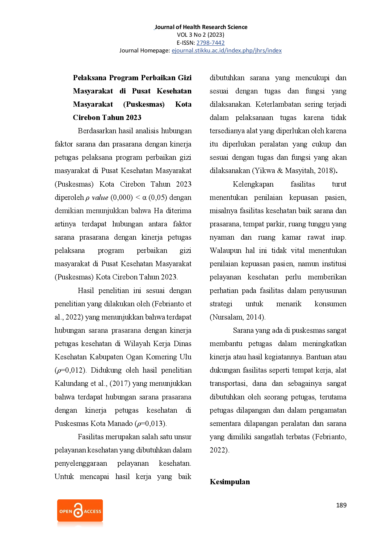 juris Analisis Faktor Faktor yang Berhubungan dengan Kinerja Petugas Pelaksana Program Perbaikan Gizi Masyarakat di Pusat Kesehatan Masyarakat Puskesmas Kota Cirebon Tahun 2023