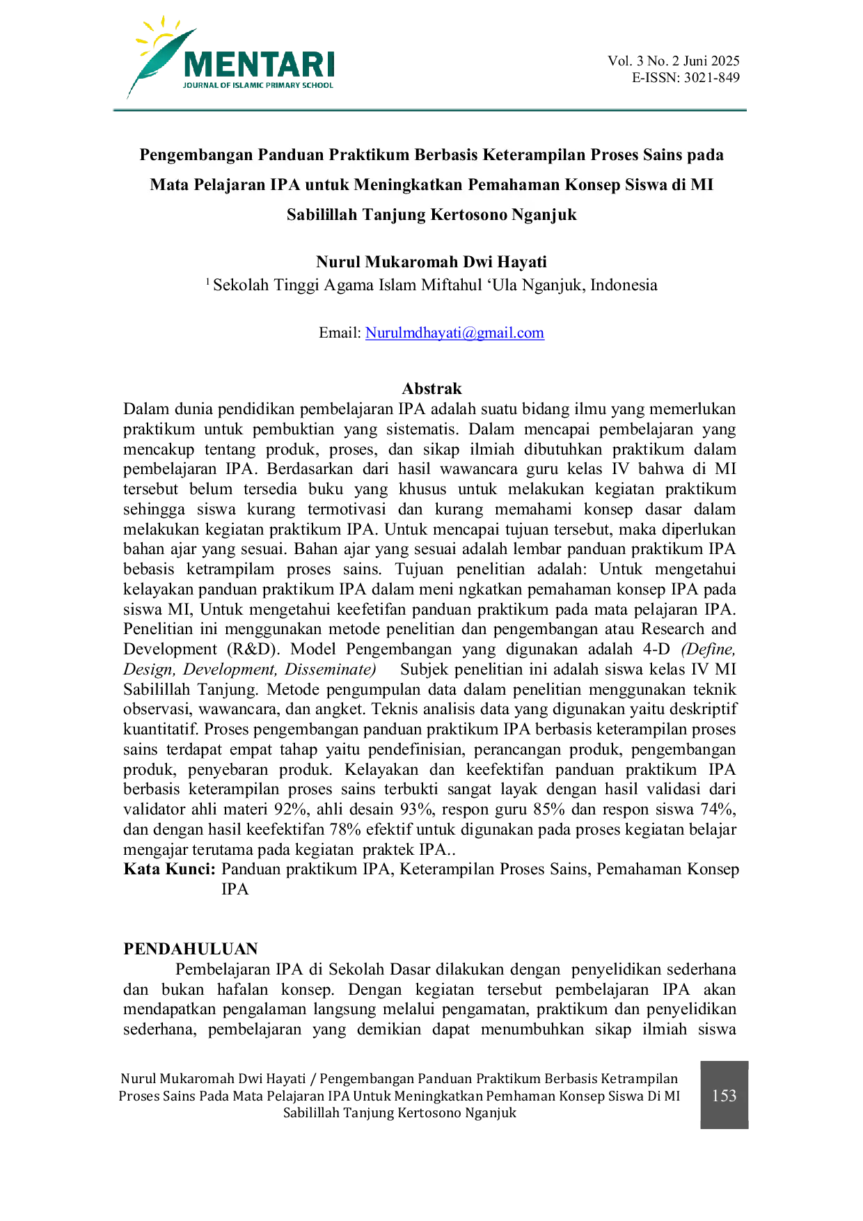 JURIS Pengembangan Panduan Praktikum Berbasis Keterampilan Proses Sains pada Mata Pelajaran IPA untuk Meningkatkan Pemahaman Konsep Siswa di MI Sabilillah Tanjung Kertosono Nganjuk