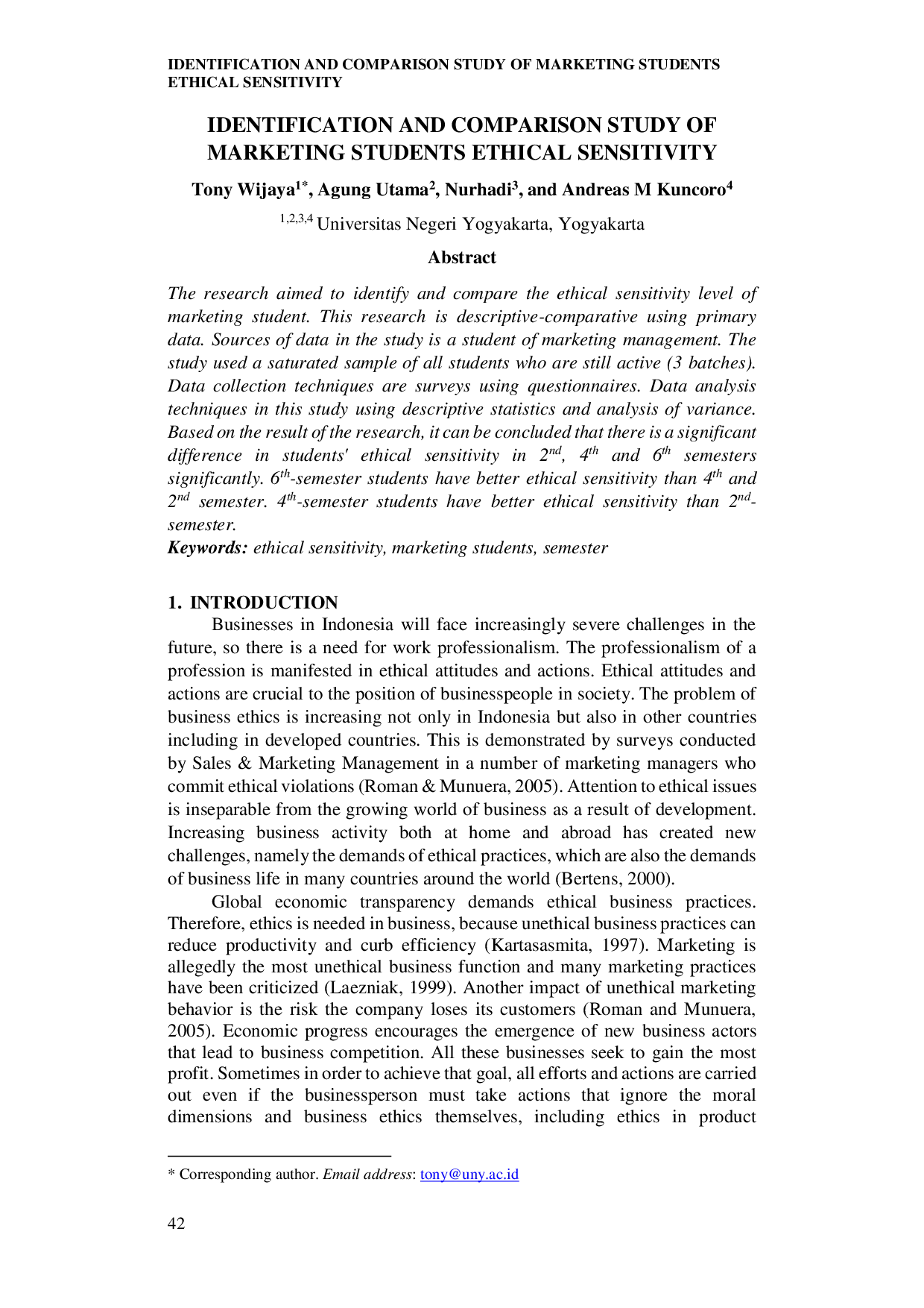 juris Identification and Comparison Study of Marketing Students Ethical Sensitivity