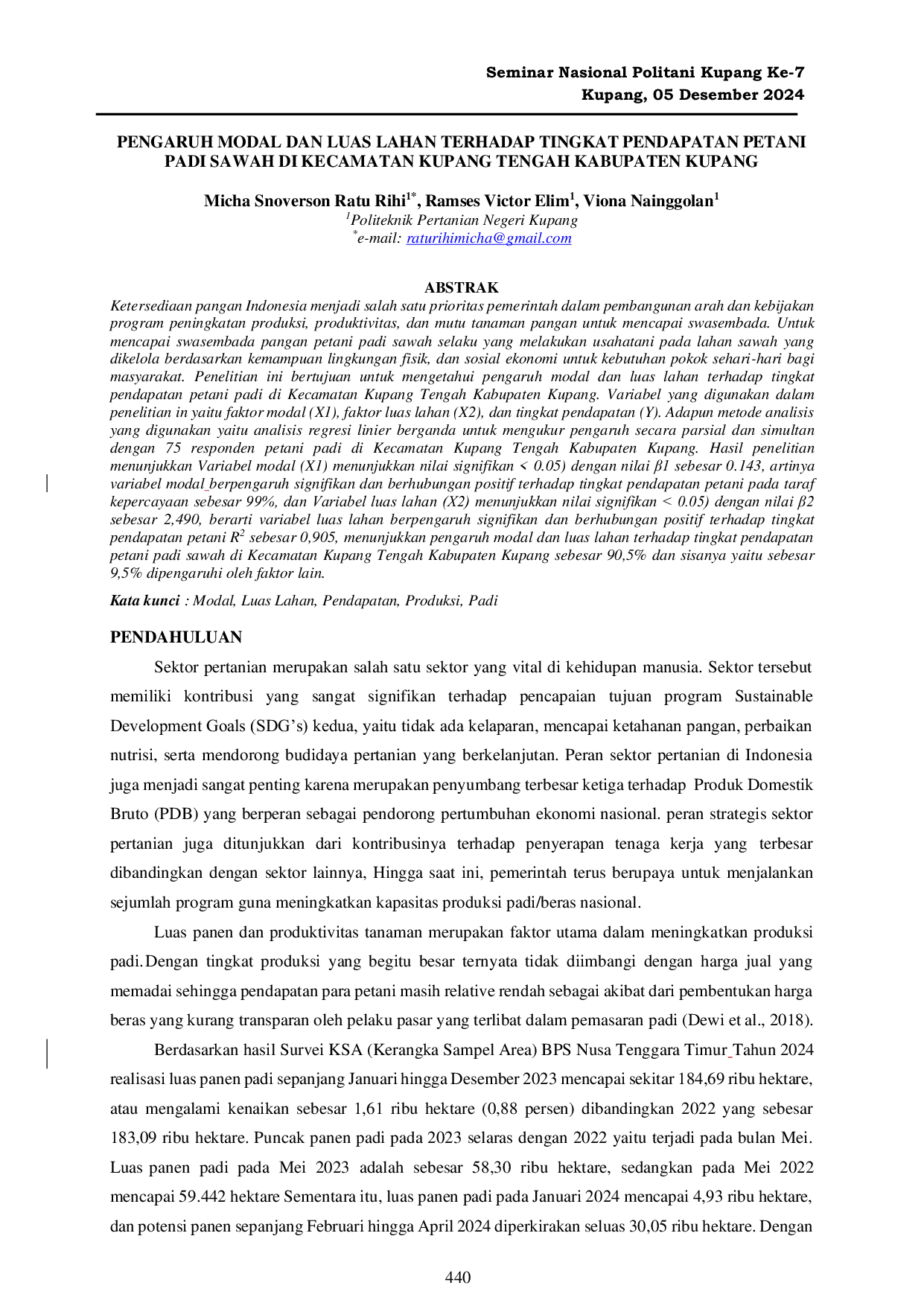 JURIS Pengaruh Modal Dan Luas Lahan Terhadap Tingkat Pendapatan Petani Padi Sawah di Kecamatan Kupang Tengah Kabupaten Kupang