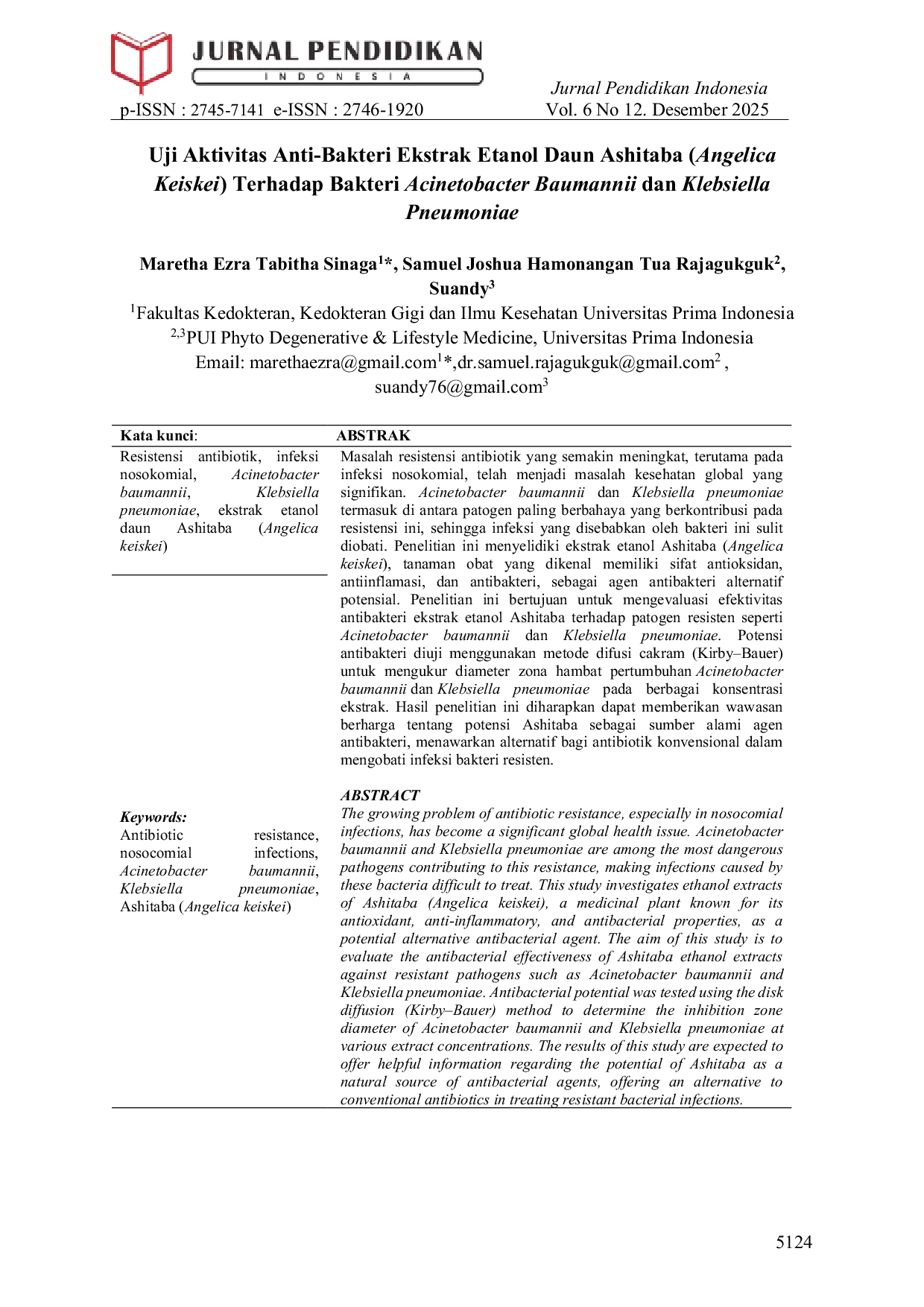 JURIS Uji Aktivitas Anti Bakteri Ekstrak Etanol Daun Ashitaba Angelica Keiskei Terhadap Bakteri Acinetobacter Baumannii dan Klebsiella Pneumoniae