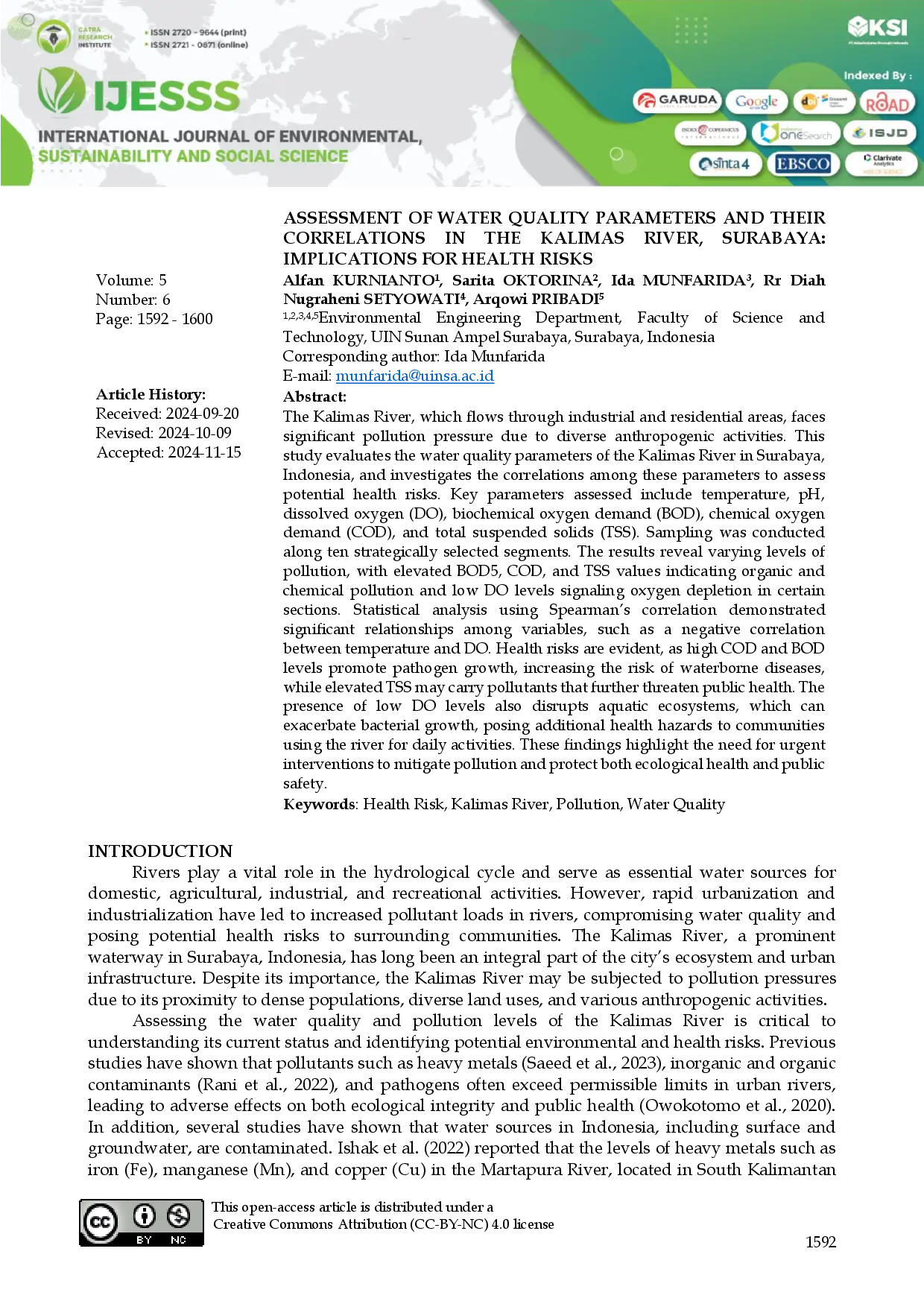 juris Assessment of Water Quality Parameters and Their Correlations in the Kalimas River Surabaya Implications for Health Risks