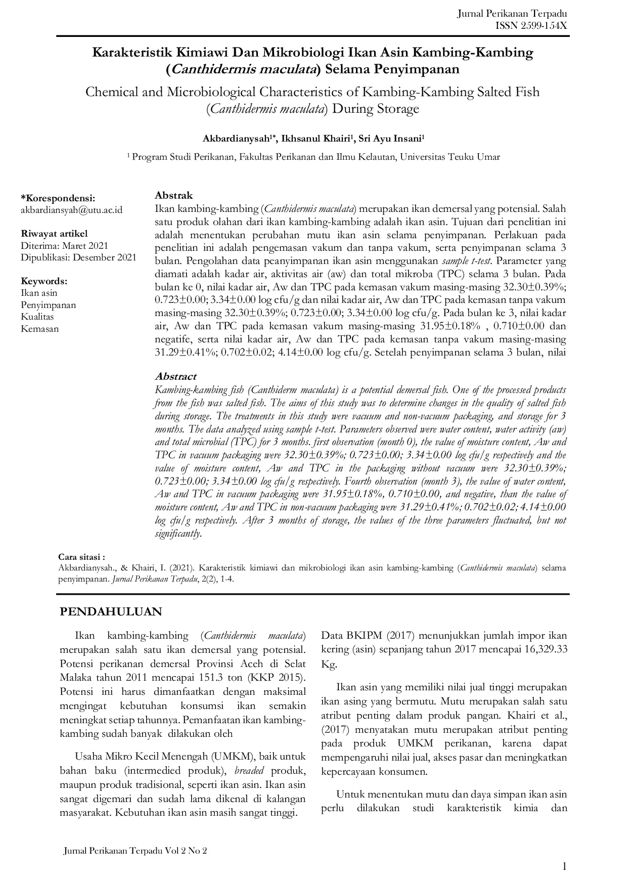 JURIS Karakteristik Kimiawi Dan Mikrobiologi Ikan Asin Kambing Kambing Canthidermis maculata Selama Penyimpanan