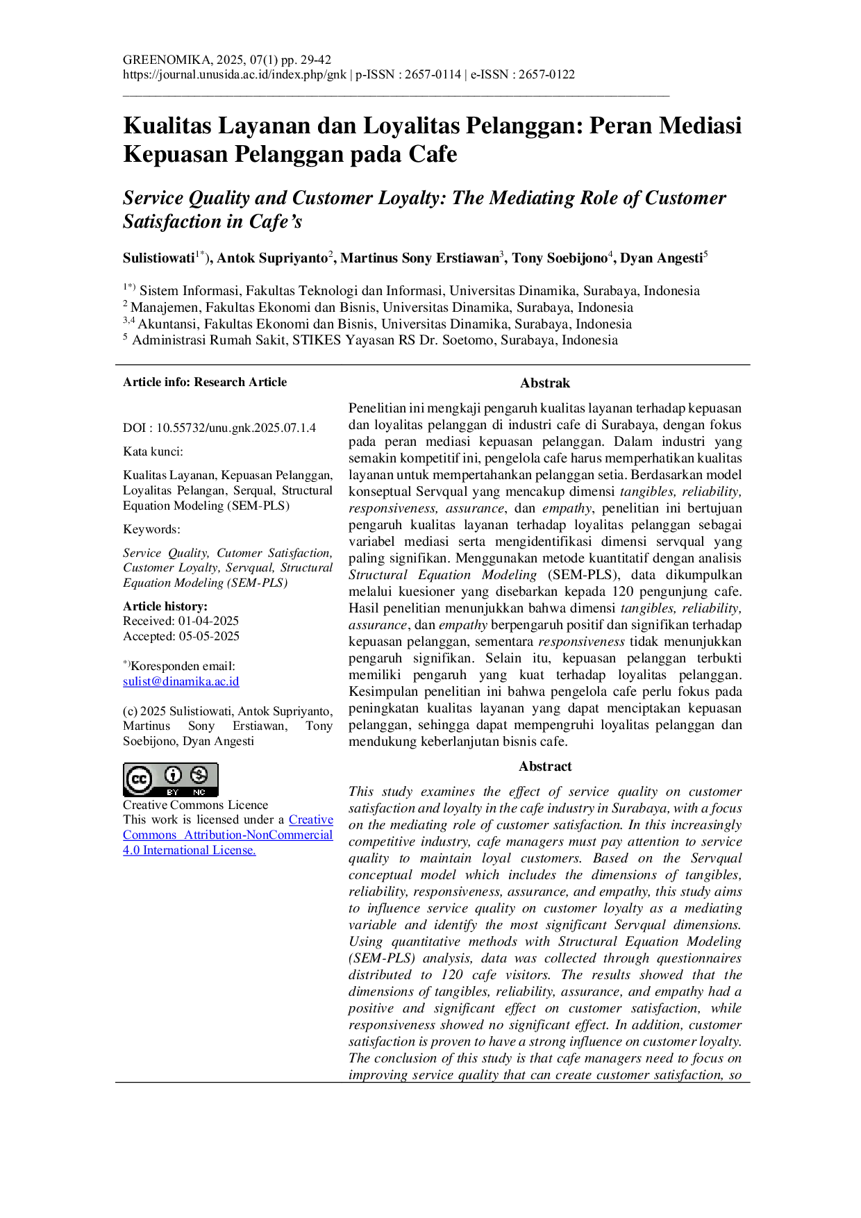 JURIS Service Quality and Customer Loyalty The Mediating Role of Customer Satisfaction in Cafe s