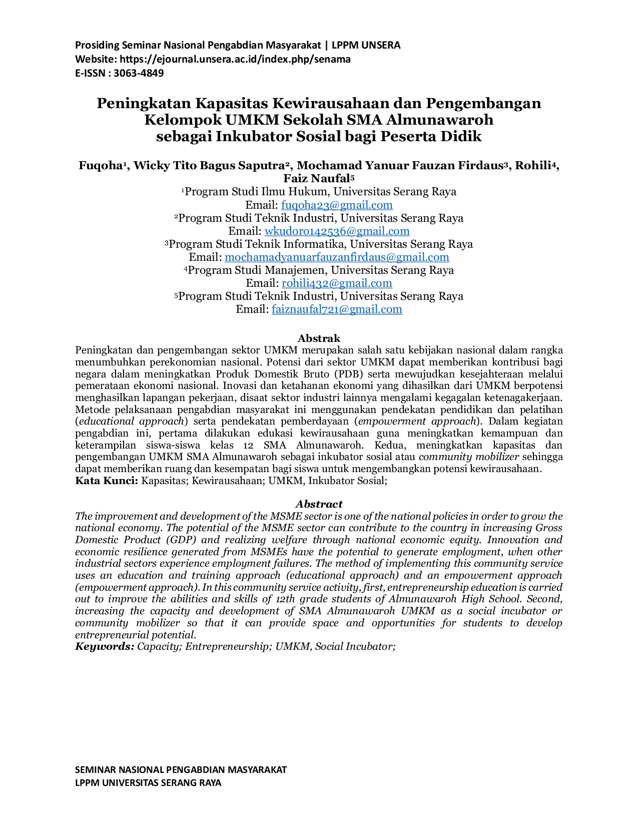 JURIS Peningkatan Kapasitas Kewirausahaan dan Pengembangan Kelompok UMKM Sekolah SMA Almunawaroh sebagai Inkubator Sosial bagi Peserta Didik