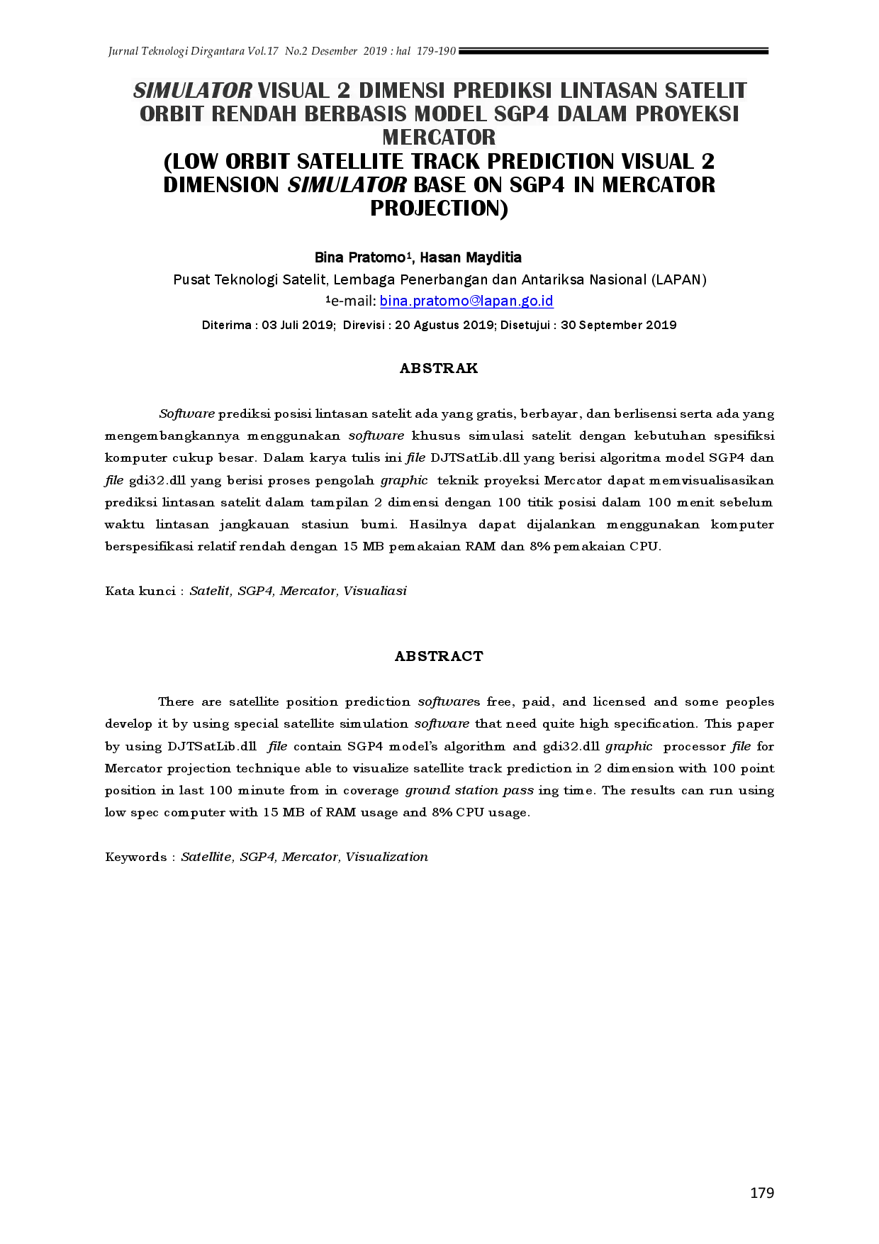 juris Simulator Visual 2 Dimensi Prediksi Lintasan Satelit Orbit Rendah Berbasis Model SGP4 dalam Proyeksi Mercator