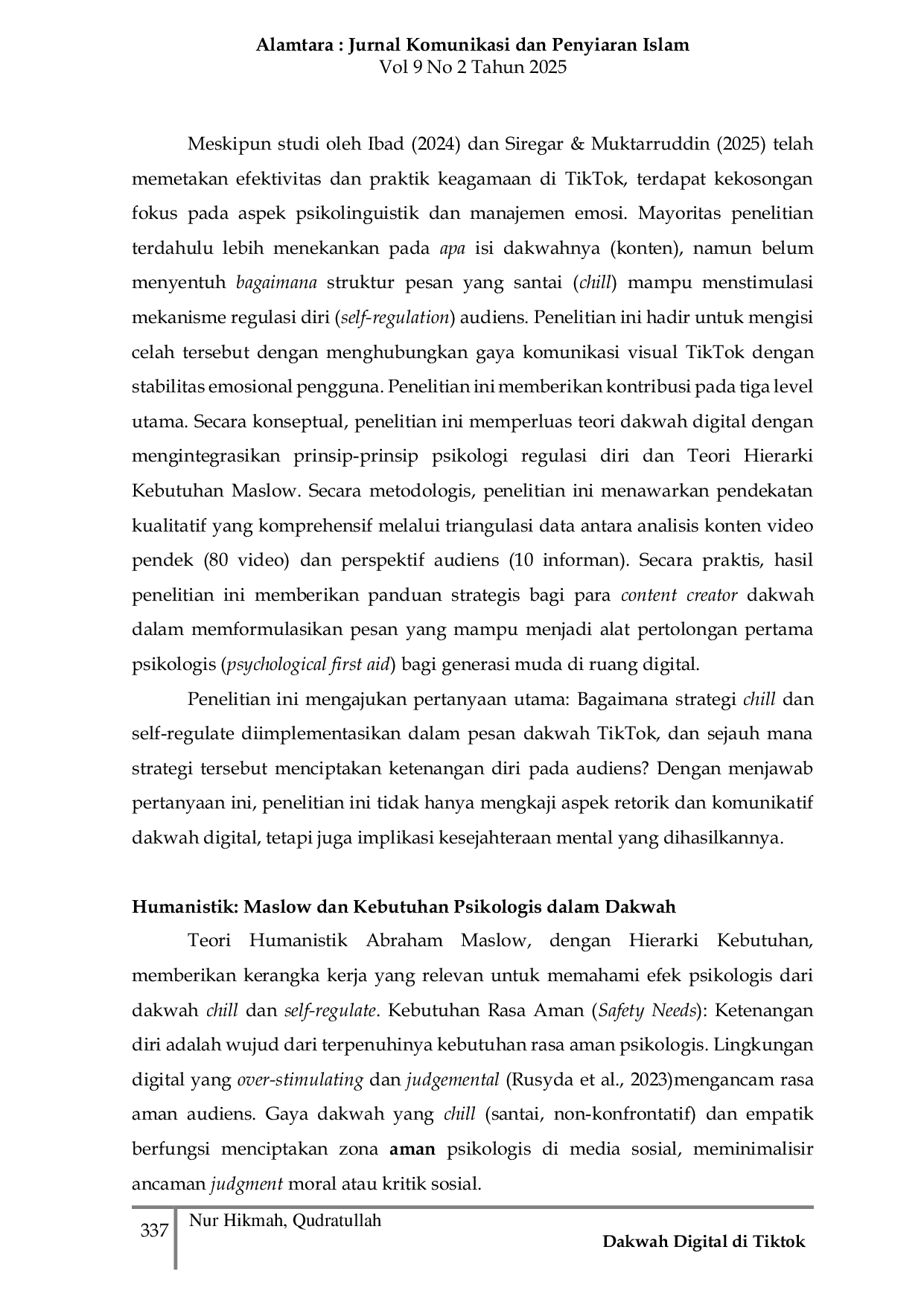 JURIS Dakwah Digital di Tiktok Analisis Self Regulatio dan Pesan Mindfulness dalam Mewjudkan Ketenagan Diri