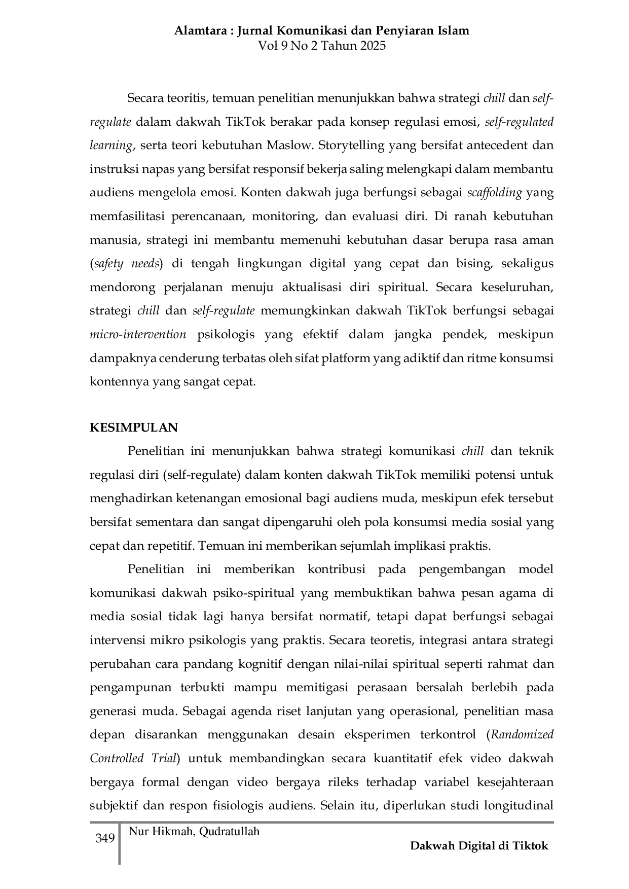 JURIS Dakwah Digital di Tiktok Analisis Self Regulatio dan Pesan Mindfulness dalam Mewjudkan Ketenagan Diri