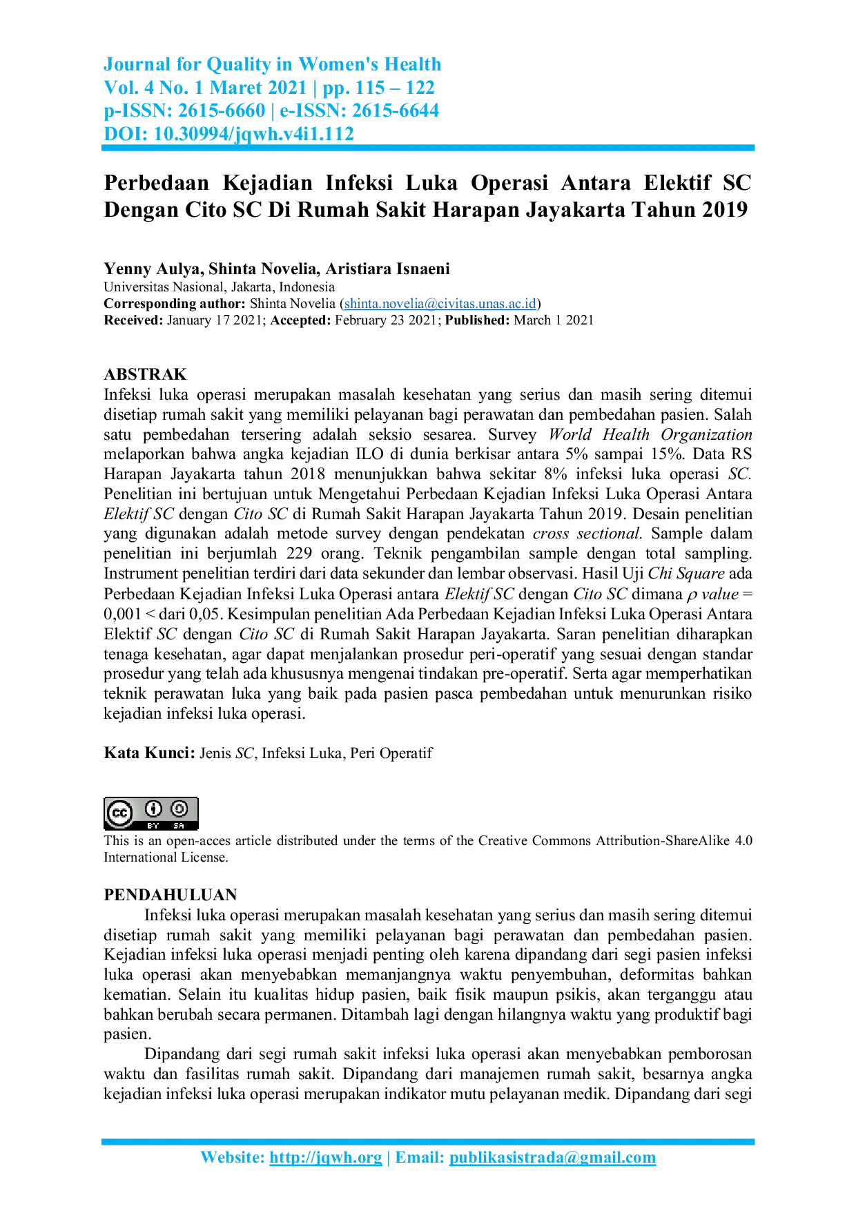 JURIS Perbedaan Kejadian Infeksi Luka Operasi Antara Elektif SC Dengan Cito Sc Di Rumah Sakit Harapan Jayakarta Tahun 2019