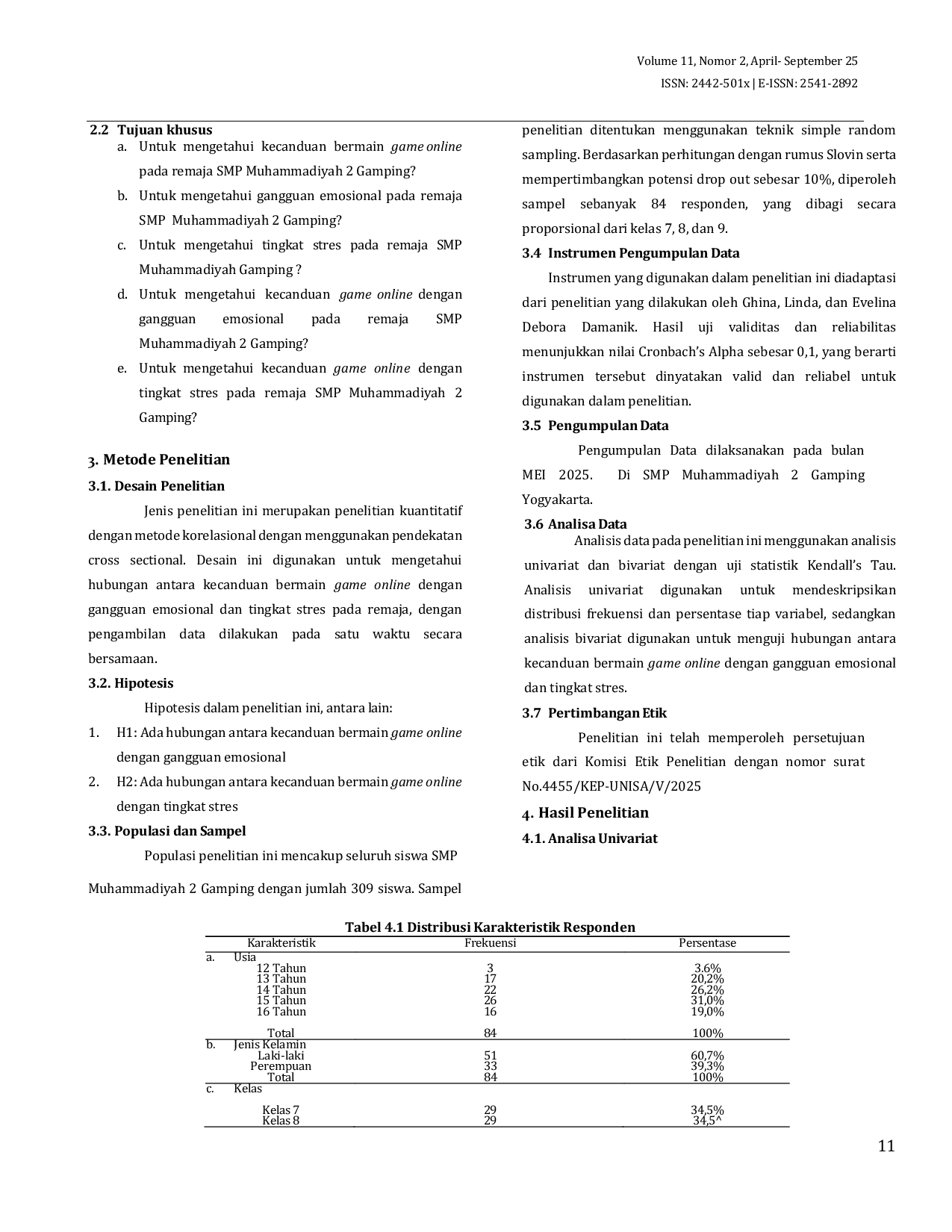 JURIS Hubungan Kecanduan Bermain Game Online dengan Gangguan Emosional dan Tingkat Stres pada Remaja SMP Muhammadiyah 2 Gamping