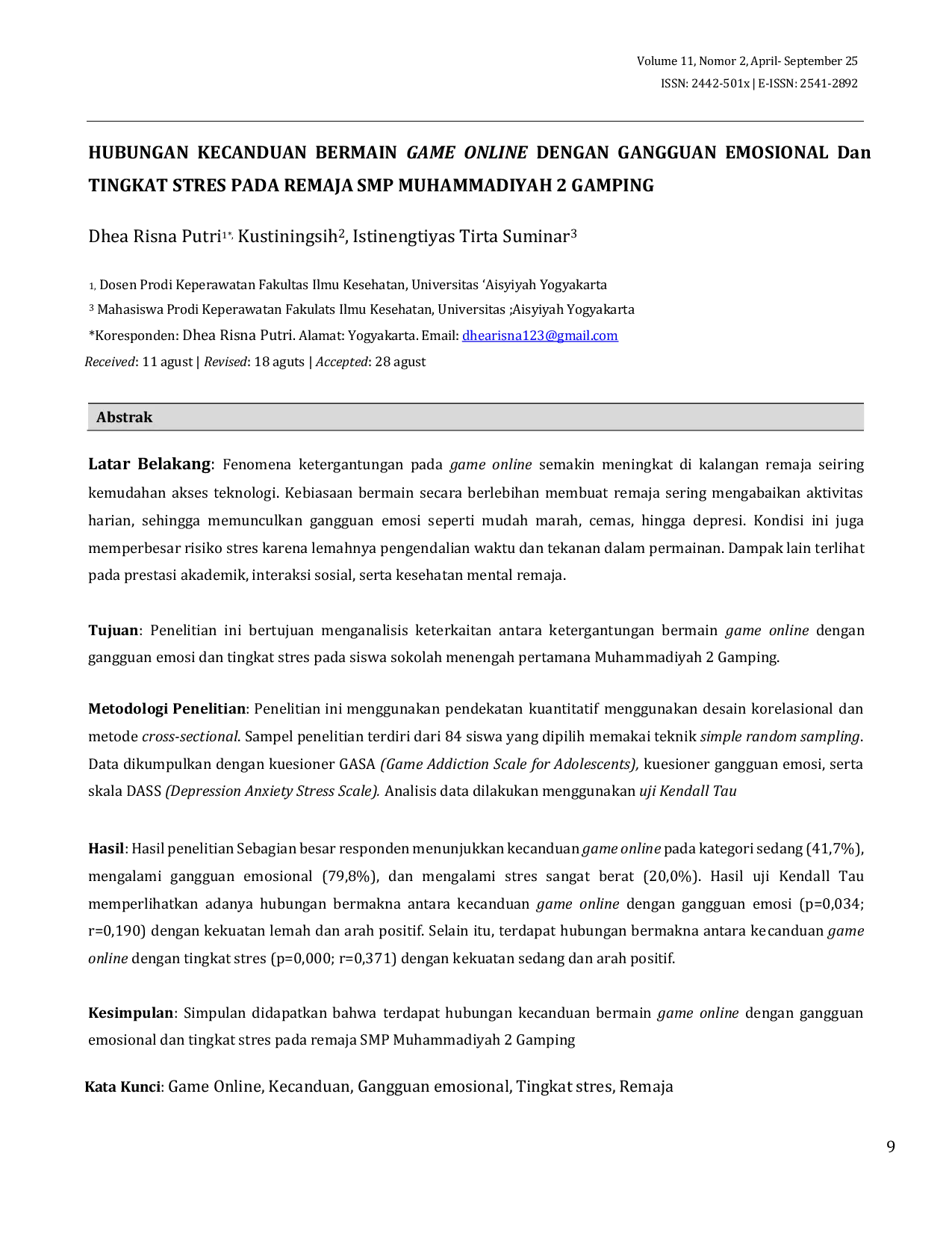 JURIS Hubungan Kecanduan Bermain Game Online dengan Gangguan Emosional dan Tingkat Stres pada Remaja SMP Muhammadiyah 2 Gamping