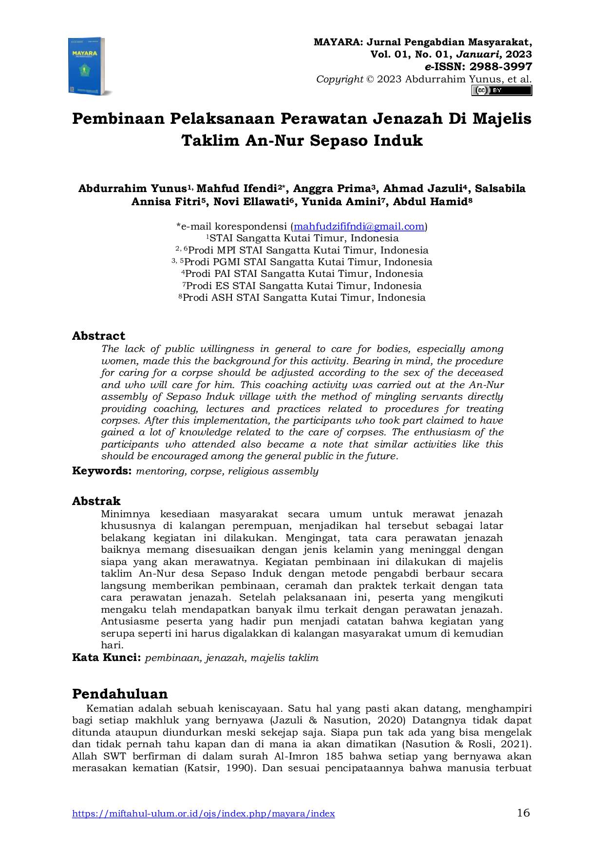 JURIS Pembinaan Pelaksanaan Perawatan Jenazah Di Majelis Taklim An Nur Sepaso Induk