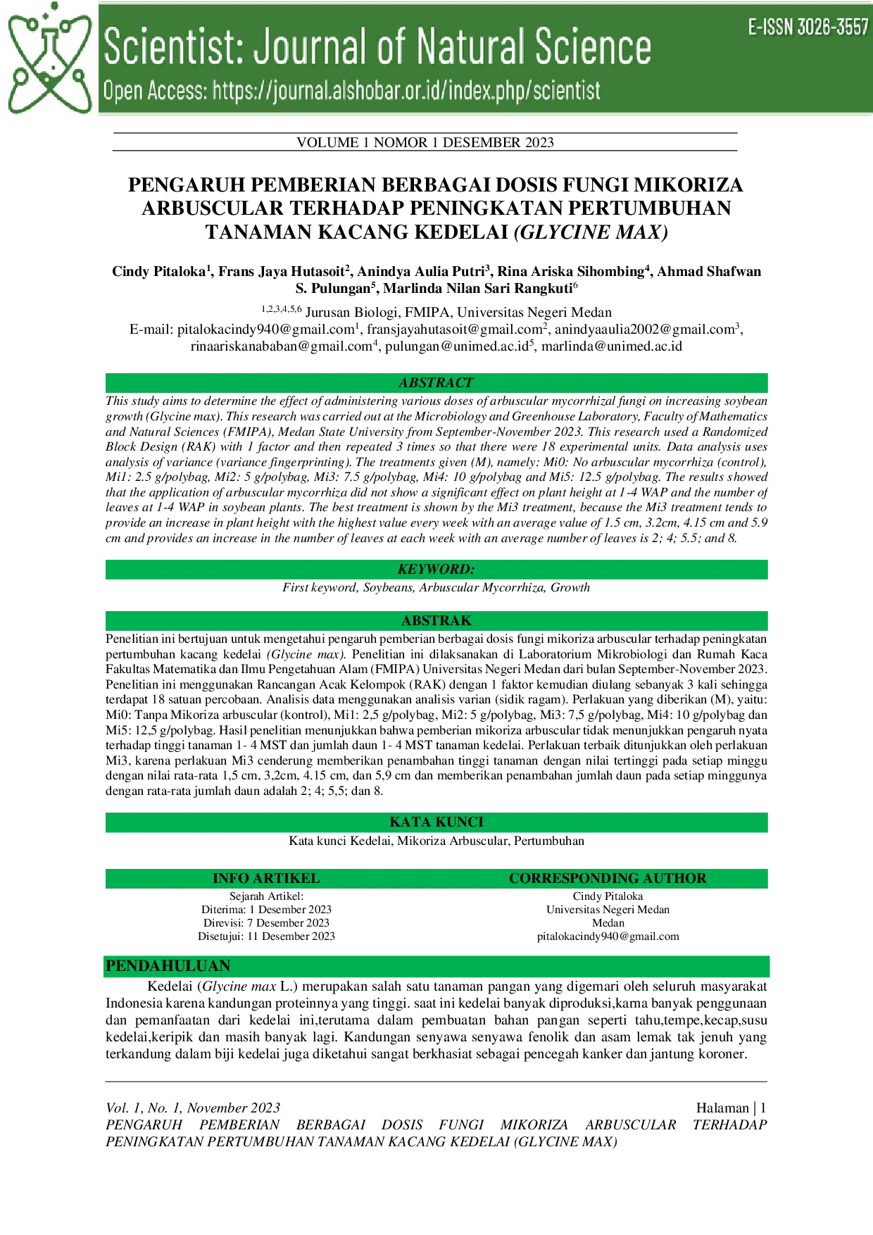 JURIS Pengaruh Pemberian Berbagai Dosis Fungi Mikoriza Arbuscular Terhadap Peningkatan Pertumbuhan Tanaman Kacang Kedelai Glycine Max