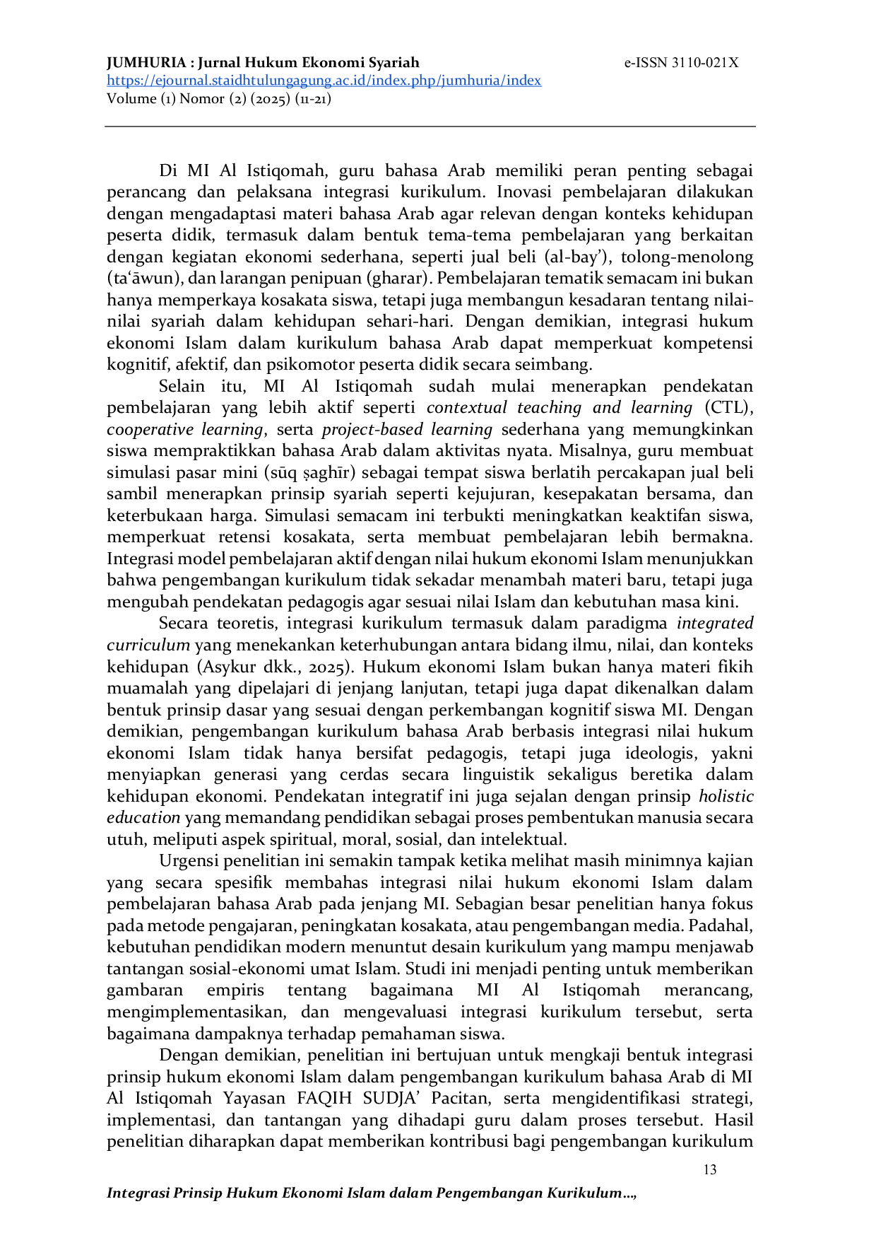 JURIS Integrasi Prinsip Hukum Ekonomi Islam dalam Pengembangan Kurikulum Pendidikan Bahasa Arab