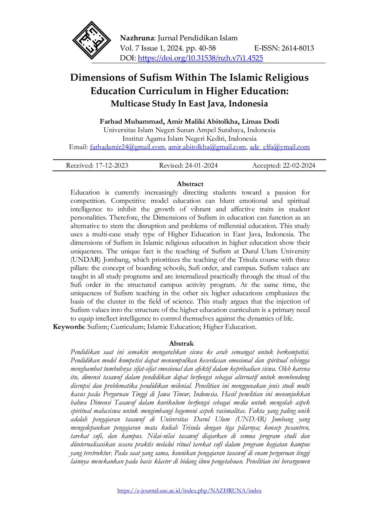 JURIS Dimensions of Sufism Within The Islamic Religious Education Curriculum in Higher Education