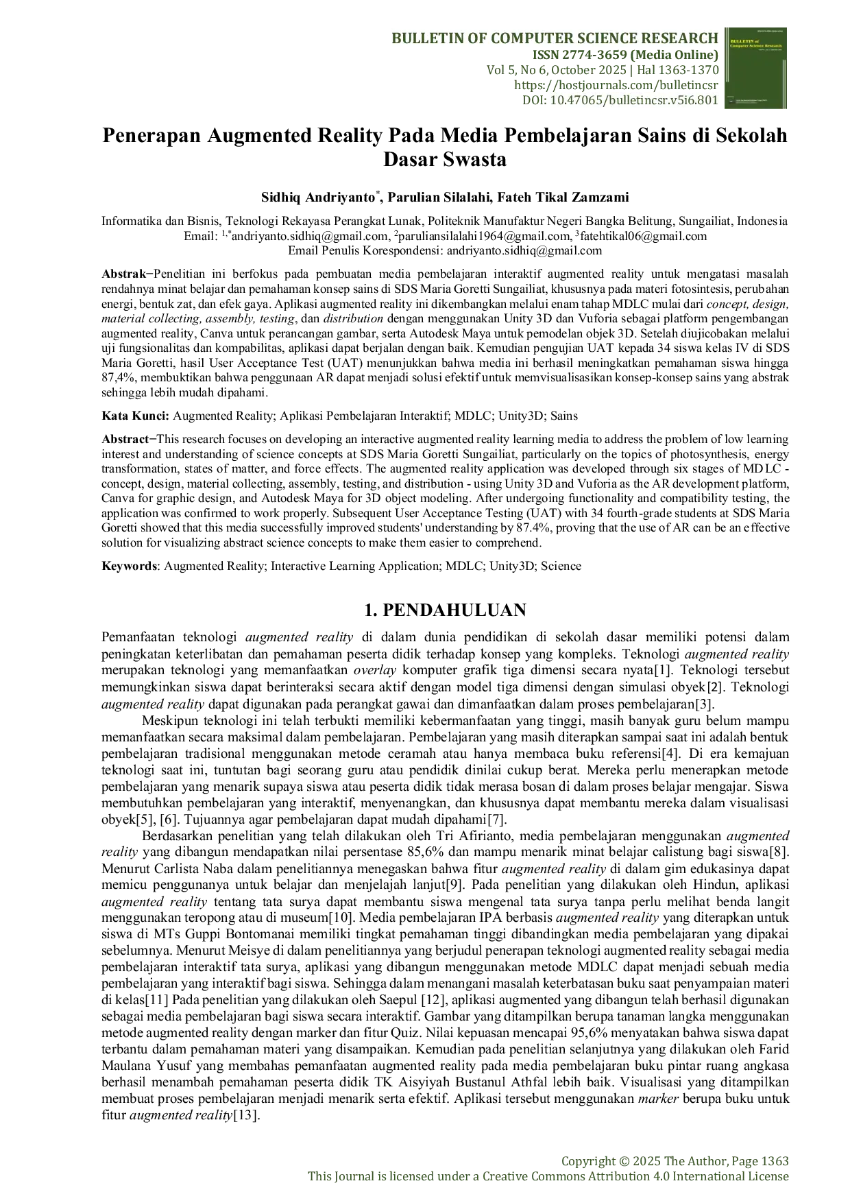 JURIS Penerapan Augmented Reality Pada Media Pembelajaran Sains di Sekolah Dasar Swasta