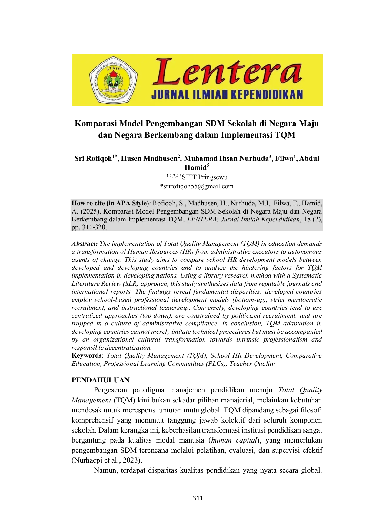 JURIS Komparasi Model Pengembangan SDM Sekolah di Negara Maju dan Negara Berkembang dalam Implementasi TQM