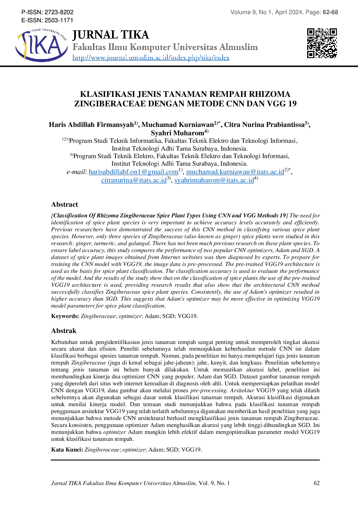 JURIS Classification Of Rhizoma Zingiberaceae Spice Plant Types Using CNN and VGG Methods 19