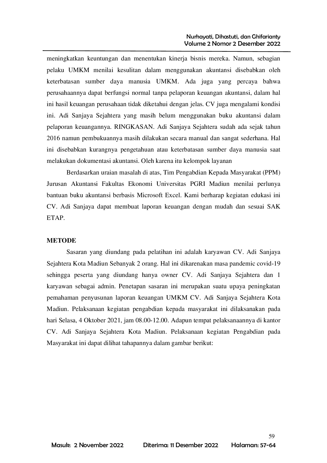 JURIS Pelatihan Pembukuan Sederhana UMKM Berbasis Microsoft Excel Pada CV Adi Sanjaya Sejahtera Kota Madiun