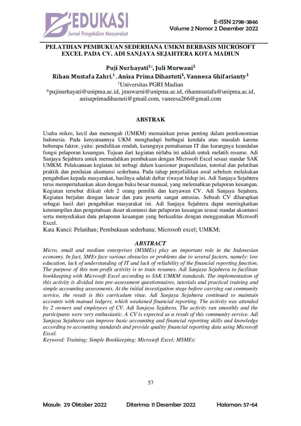 JURIS Pelatihan Pembukuan Sederhana UMKM Berbasis Microsoft Excel Pada CV Adi Sanjaya Sejahtera Kota Madiun