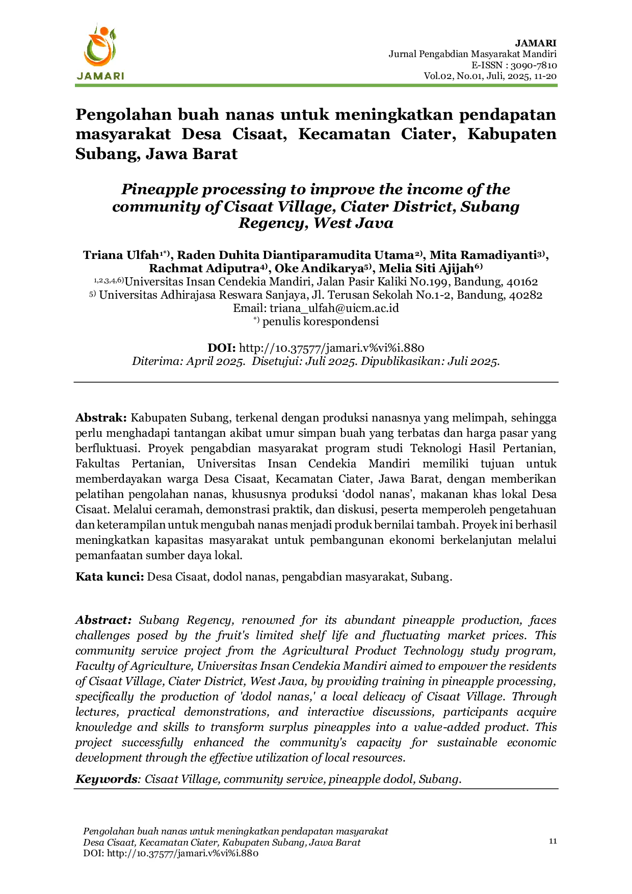JURIS Pengolahan Buah Nanas Untuk Meningkatkan Pendapatan Masyarakat Desa Cisaat Kecamatan Ciater Kabupaten Subang Jawa Barat