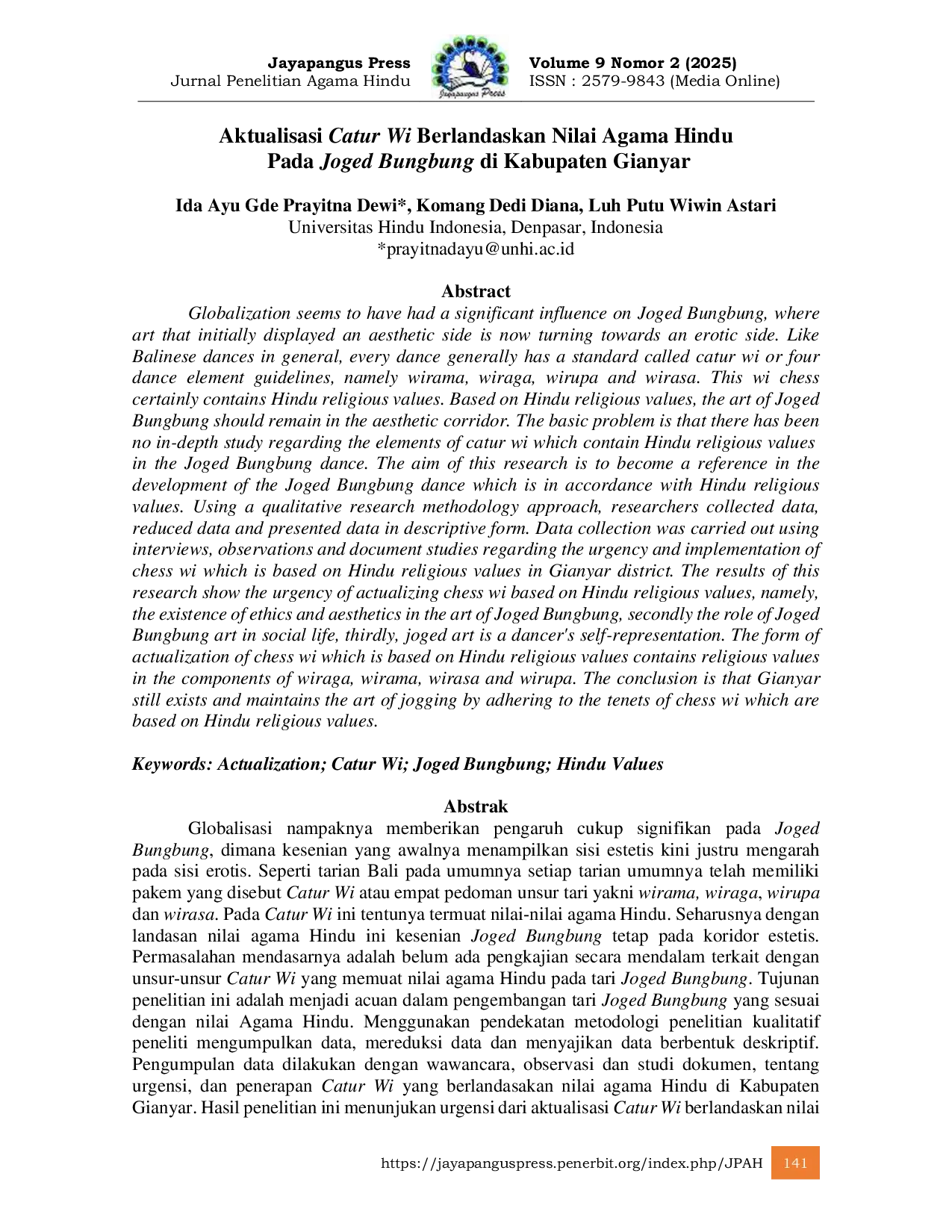 JURIS Aktualisasi Catur Wi Berlandaskan Nilai Agama Hindu Pada Joged Bungbung di Kabupaten Gianyar