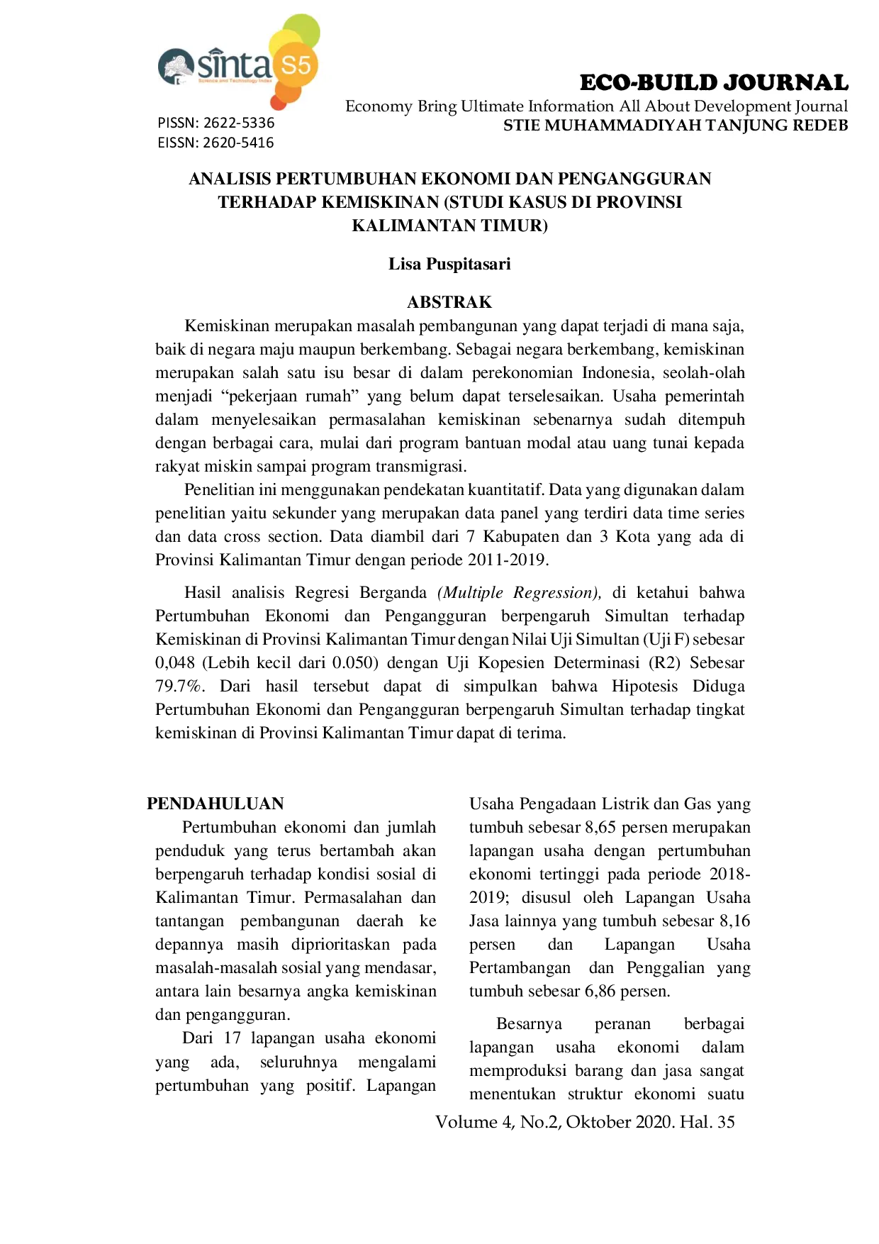 JURIS Analisis Pertumbuhan Ekonomi dan Pengangguran Terhadap Kemiskinan Studi Kasus di Provinsi Kalimantan Timur