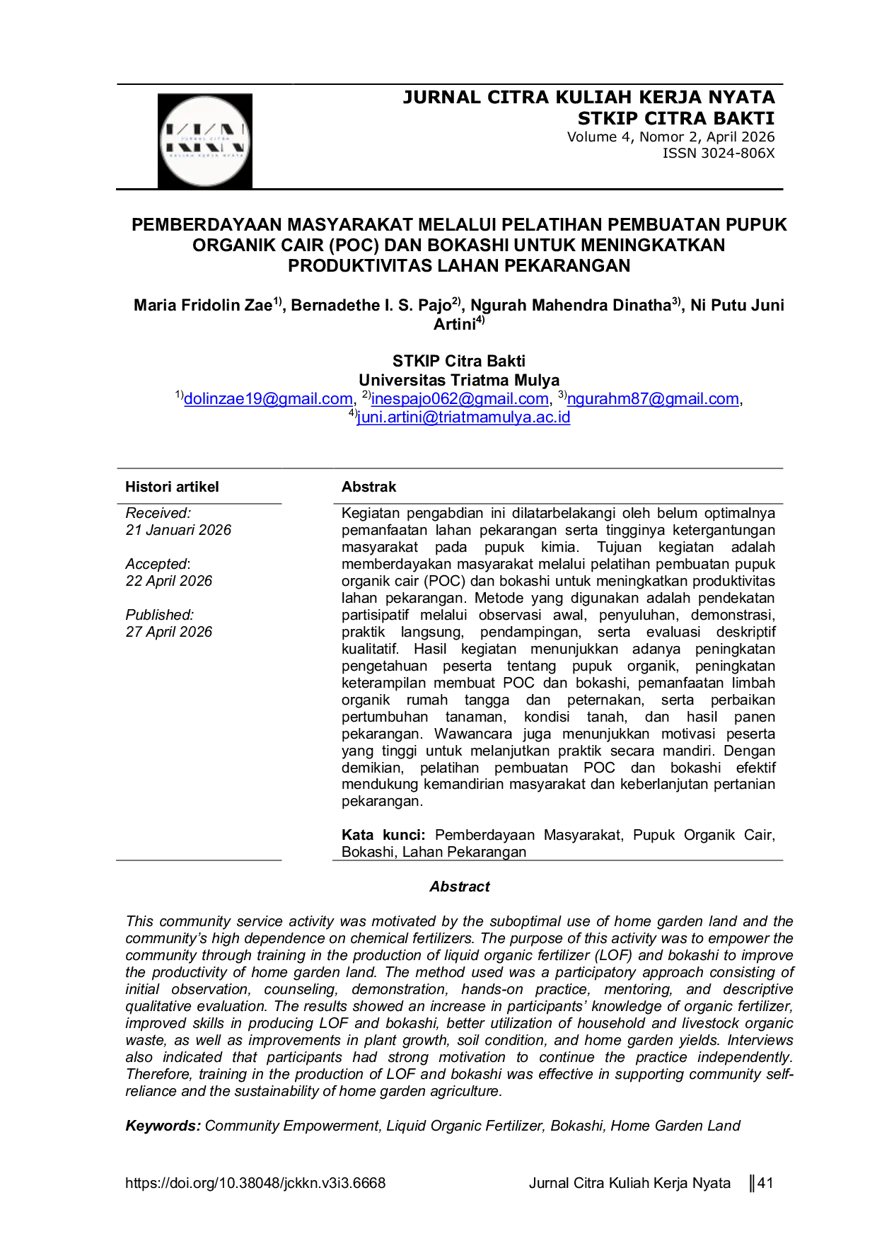 JURIS Pemberdayaan Masyarakat Melalui Pelatihan Pembuatan Pupuk Organik Cair POC Dan Bokashi Untuk Meningkatkan Produktivitas Lahan Pekarangan