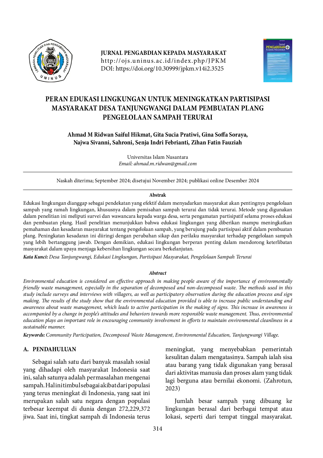 JURIS Peran Edukasi Lingkungan untuk Meningkatkan Partisipasi Masyarakat Desa Tanjungwangi dalam Pembuatan Plang Pengelolaan Sampah Terurai